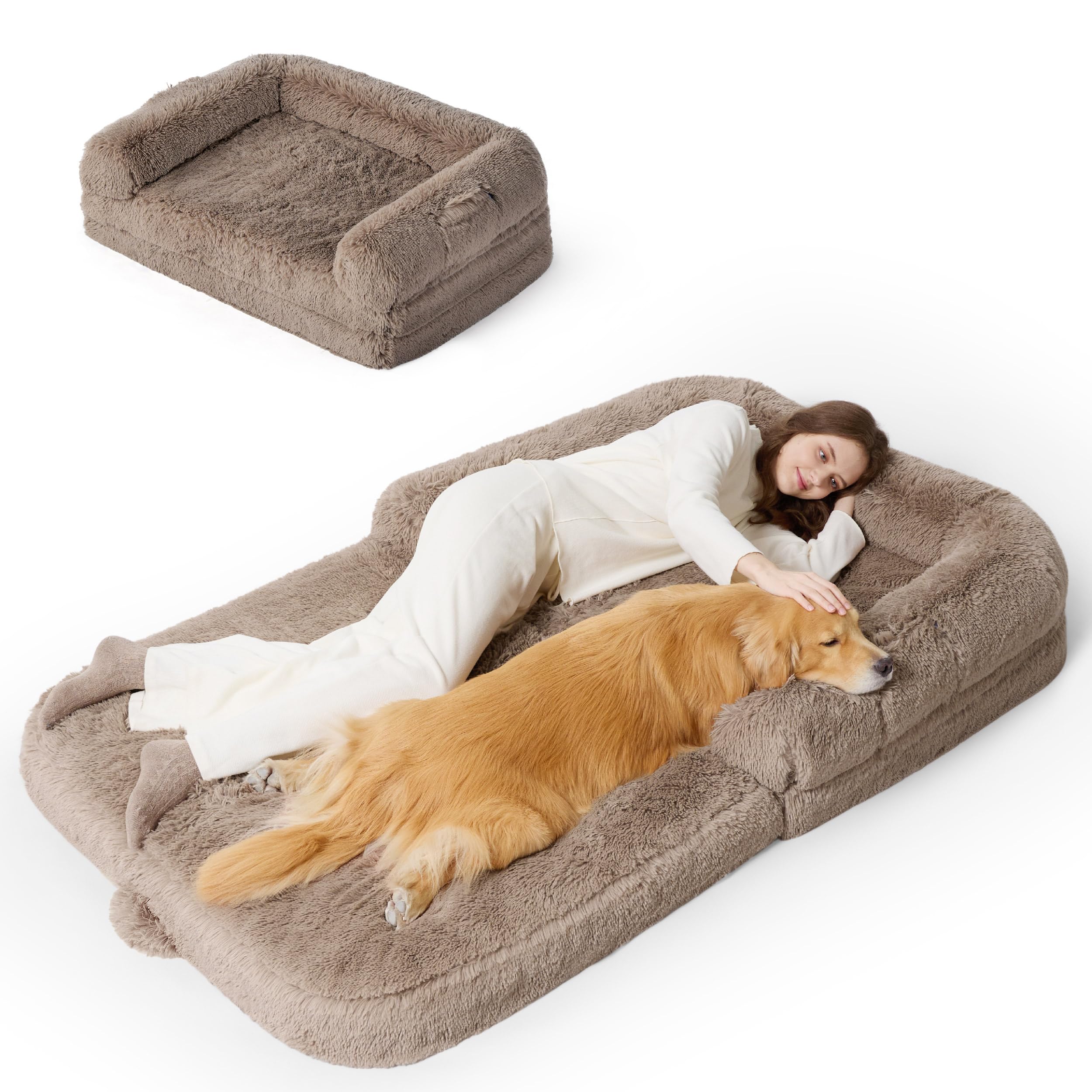 Bedsure foldable human dog bed camel front view shows spacious lounging possibilities