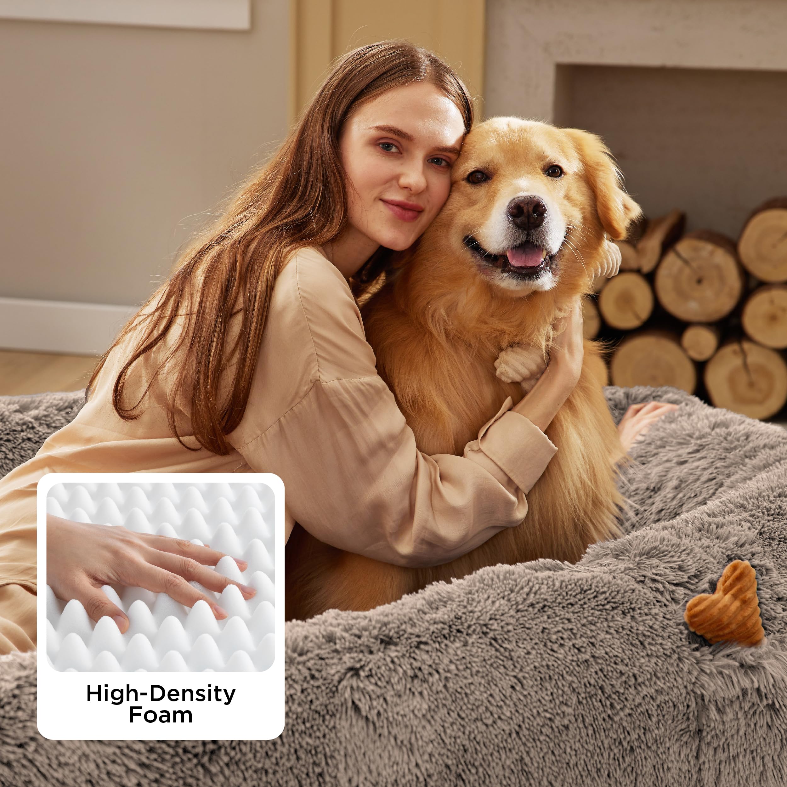 Bedsure human dog bed camel side-view emphasizes plush bolster support for neck and head comfort