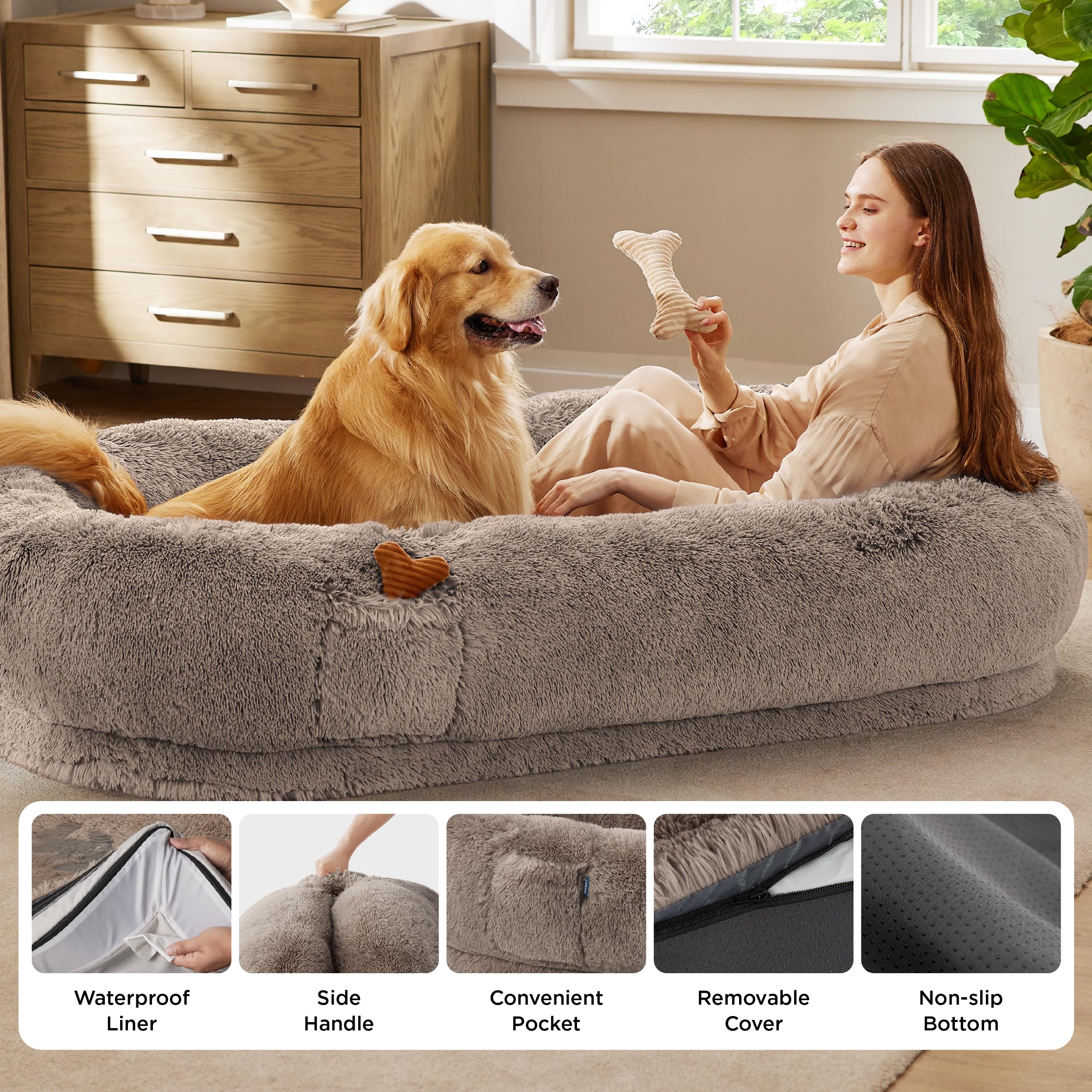 Bedsure human dog bed camel waterproof cover demonstrates spill protection and easy cleaning