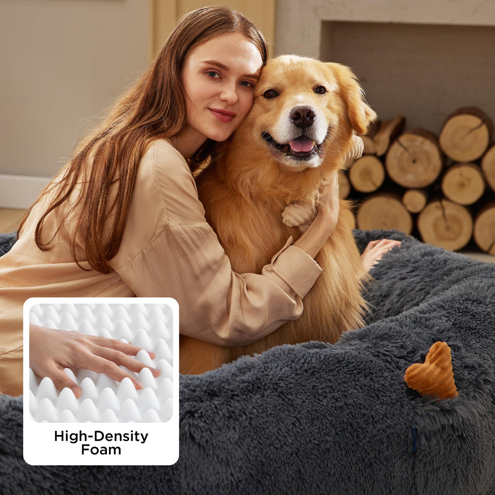 Bedsure Human Dog Bed cushioned bolster supports head and neck.
