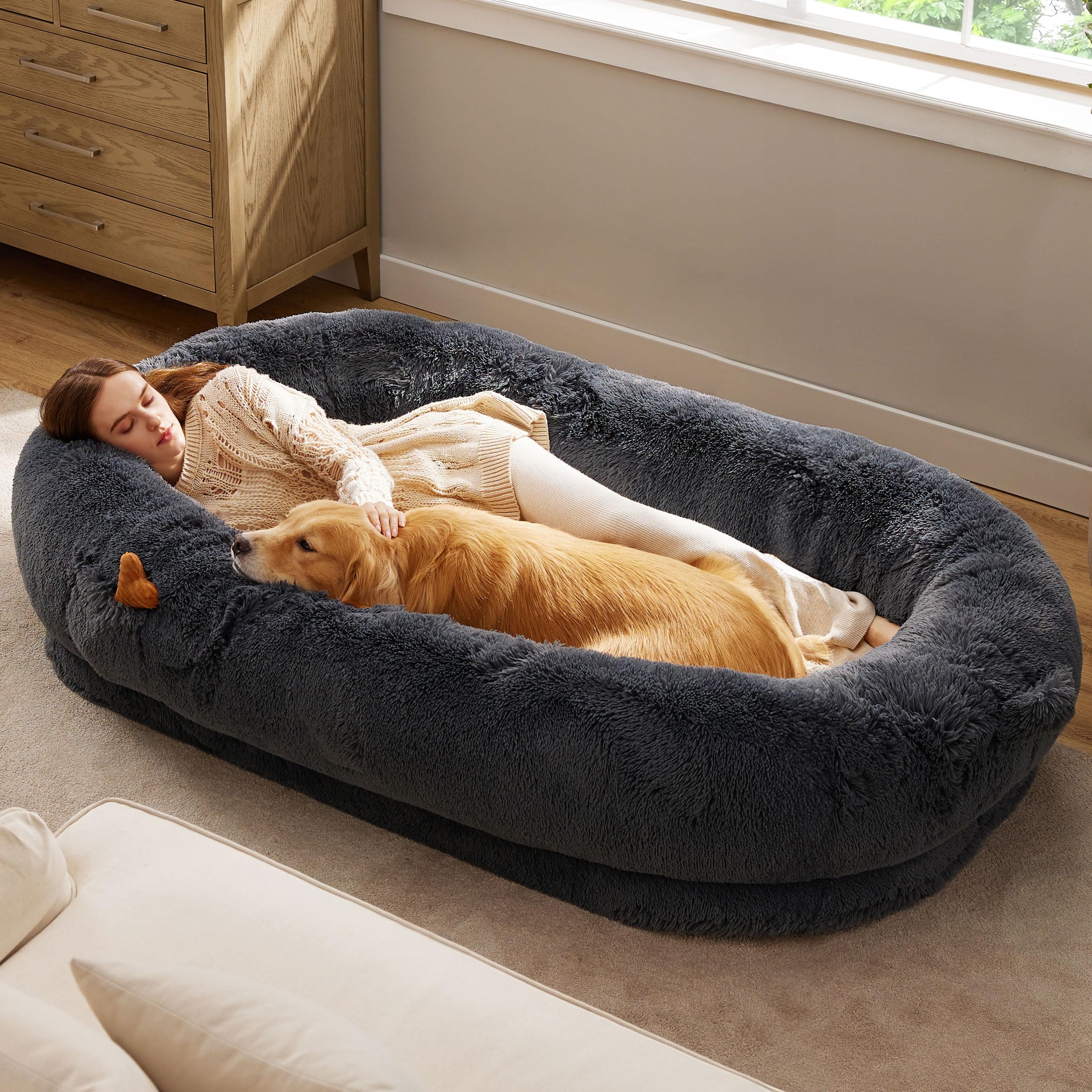 Bedsure Human Dog Bed with plush faux fur cover for cozy lounging.