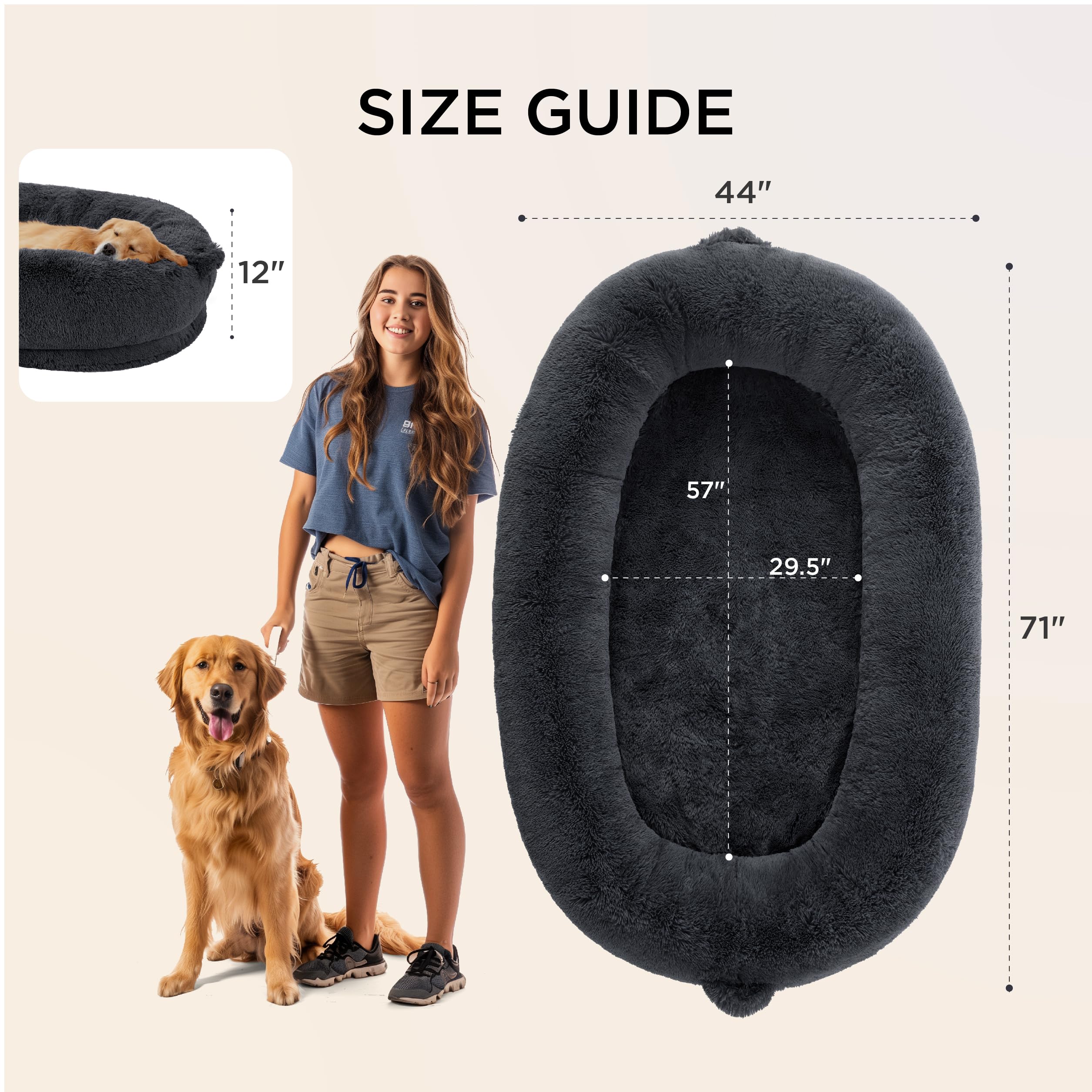 Bedsure Human Dog Bed removable machine-washable cover for easy cleaning.