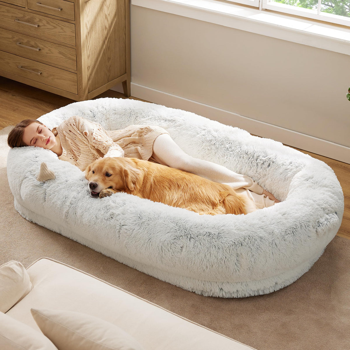 Bedsure Human Dog Bed setup in frost grey promotes cozy living room lounging.