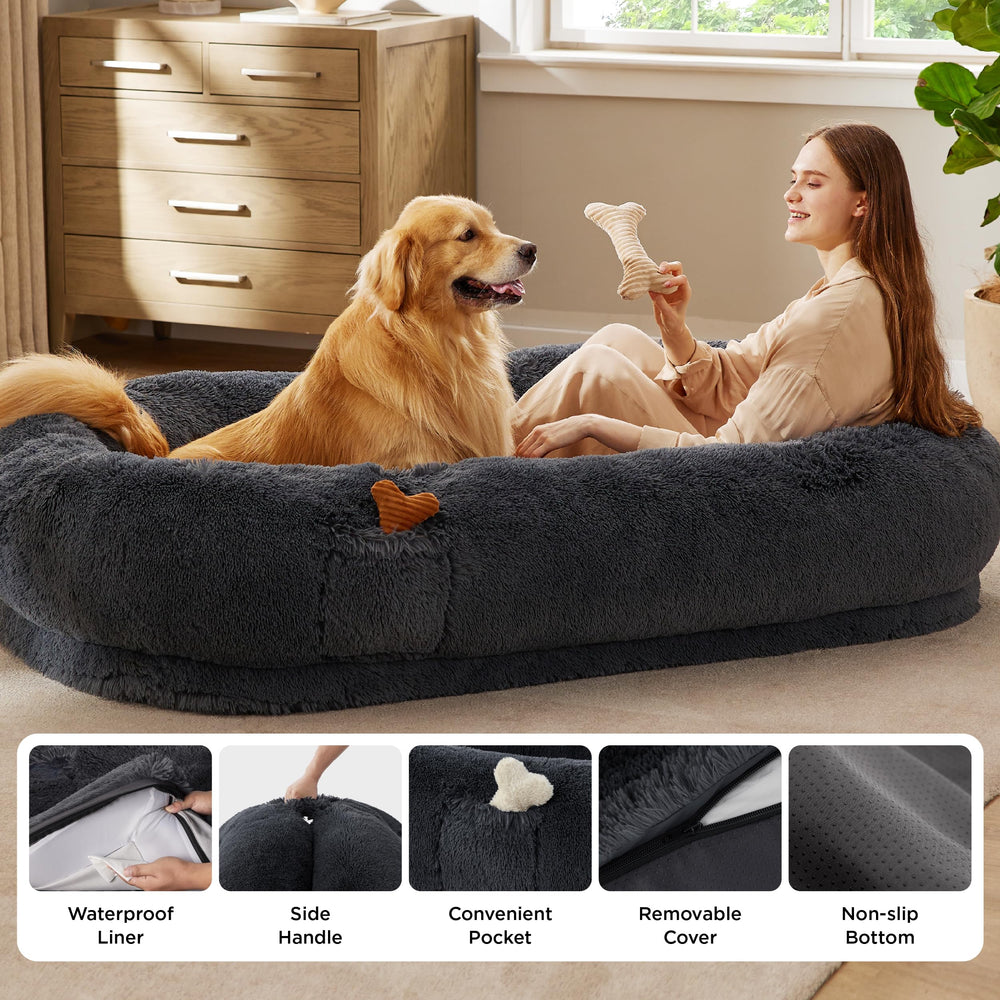Bedsure Human Dog Bed waterproof cover protects the sleeping area.
