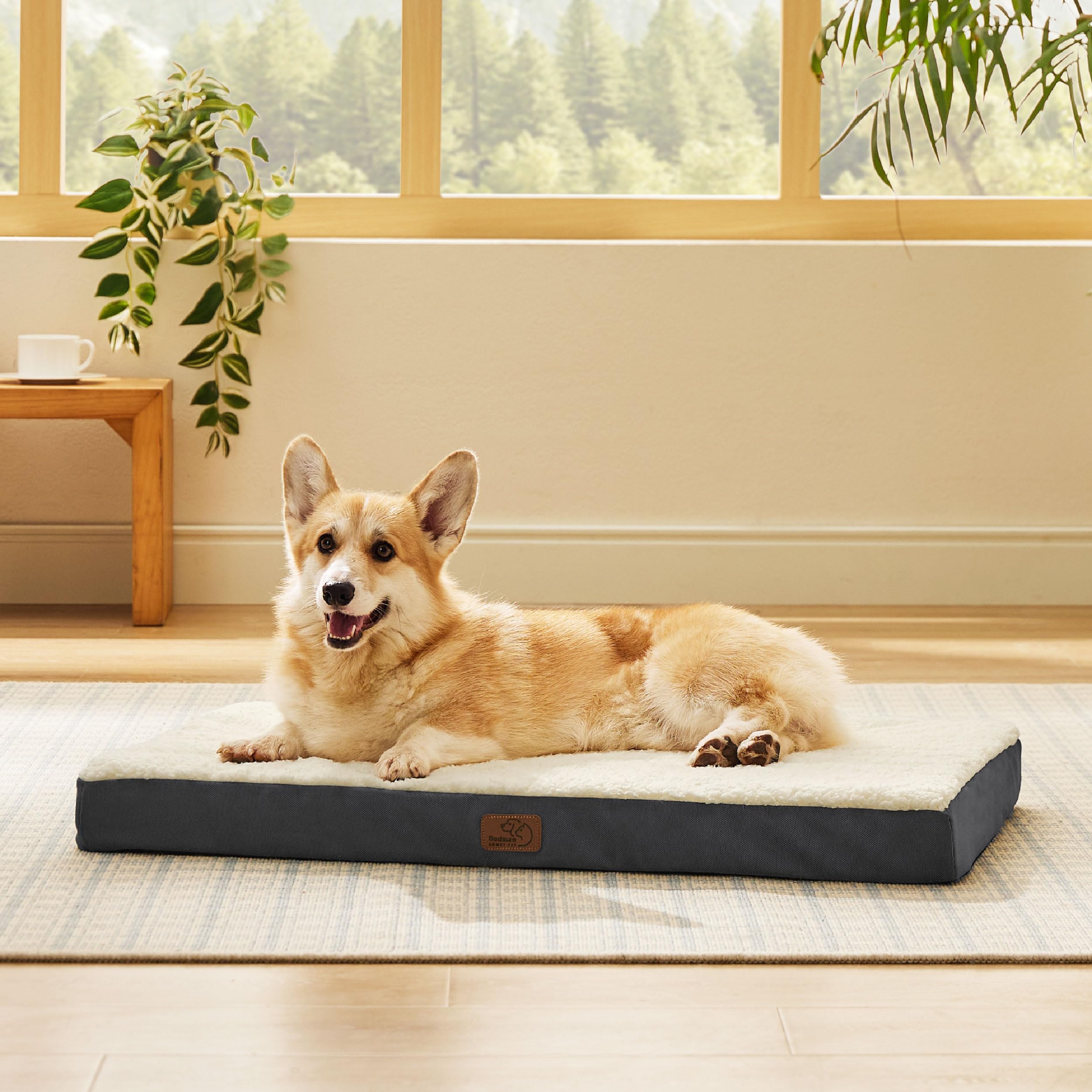 Bedsure large dog bed crate cover shows removable cover for easy cleaning and setup.