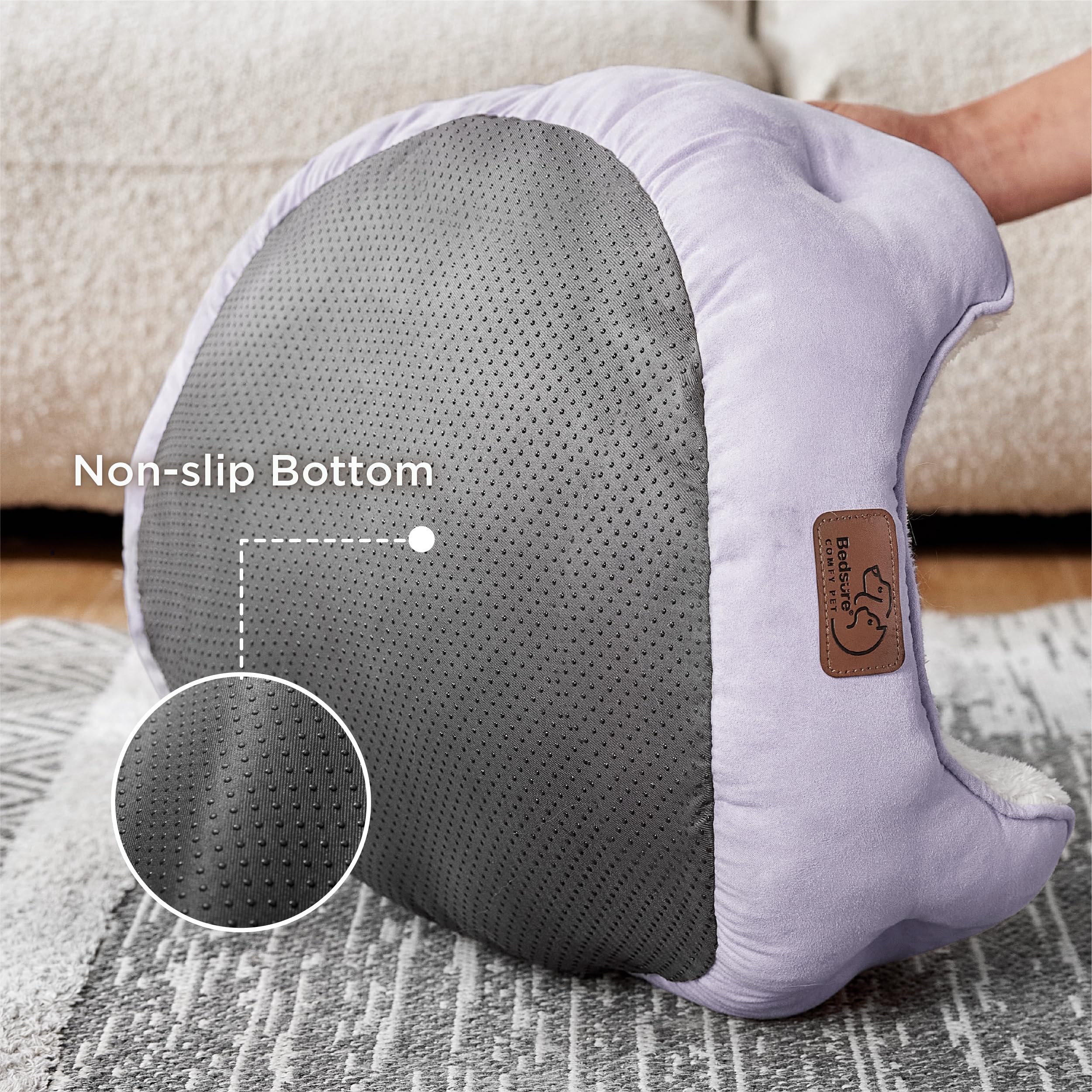 Bedsure Misty Lilac round dog bed side angle highlighting cushioned bolster for head and neck support
