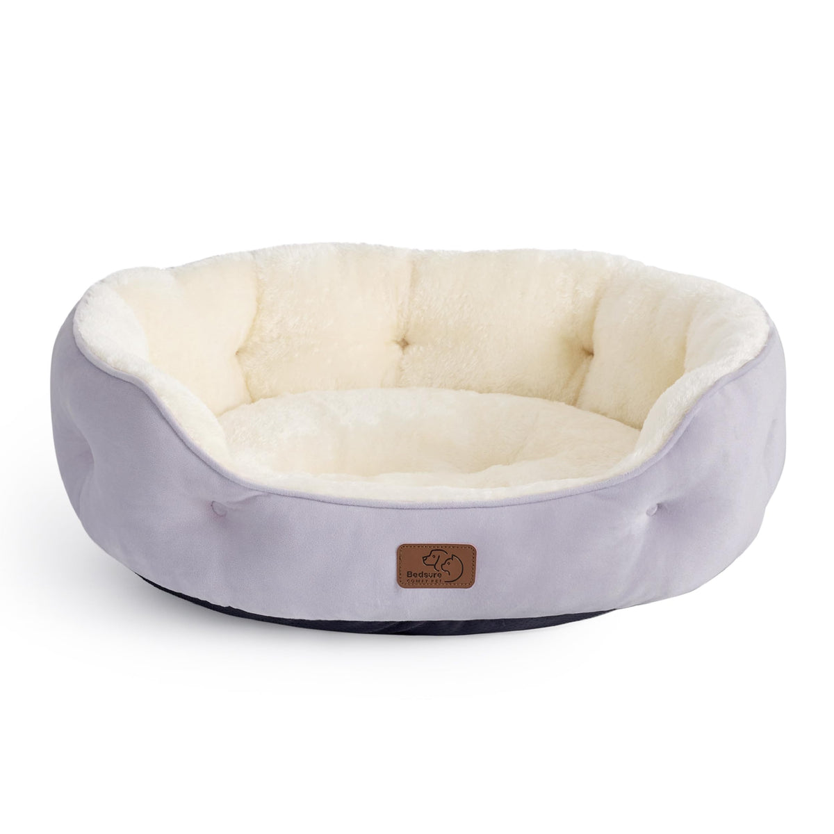 Bedsure Misty Lilac round dog bed top view with plush sherpa surface for cozy naps