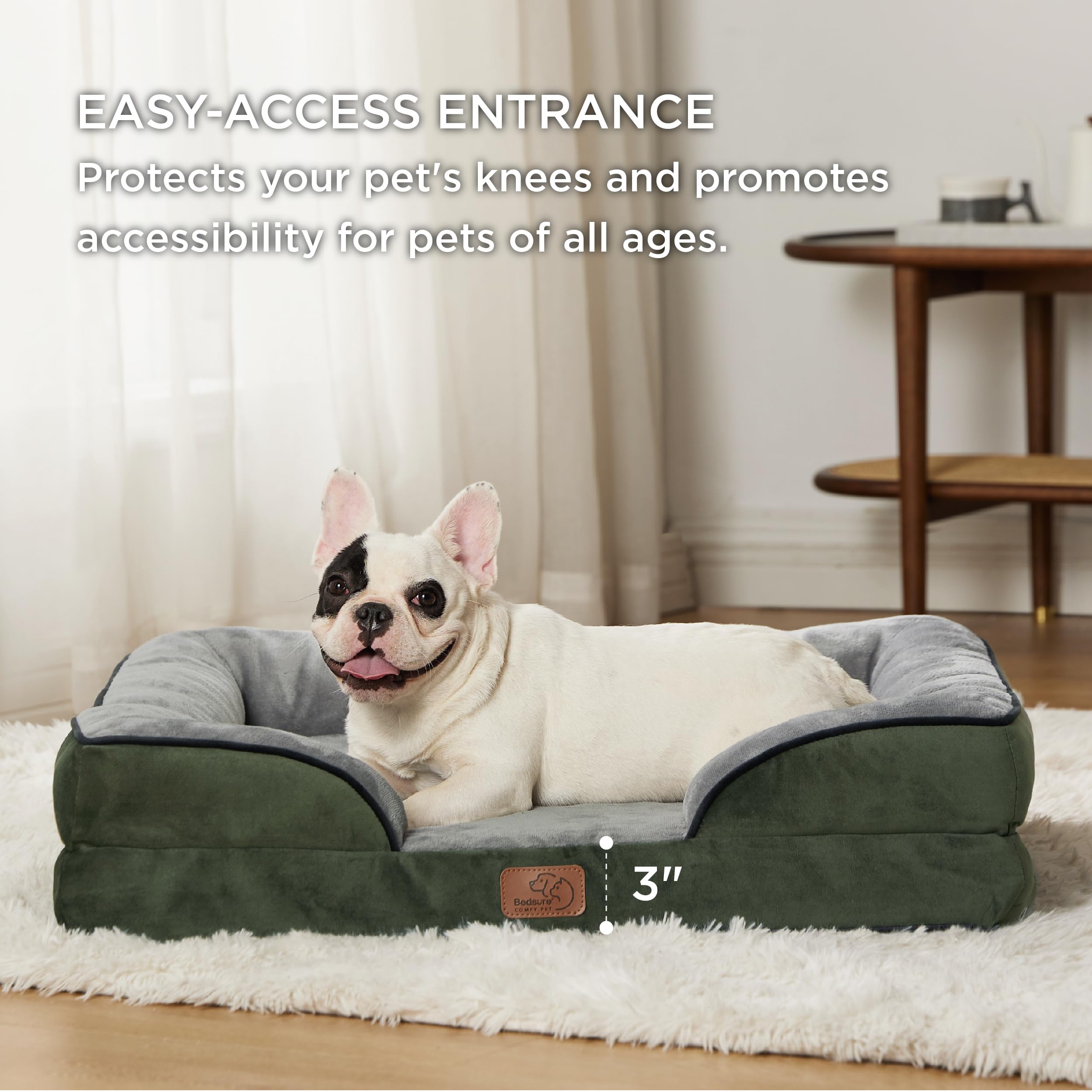 Bedsure orthopedic dog bed dark-green cover adds style and hides wear.