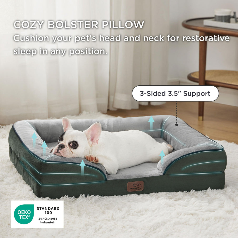 Bedsure orthopedic dog bed four-sided-bolster provides cozy neck and head support.