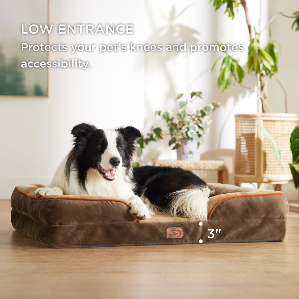 Bedsure orthopedic dog bed four-sided bolster supports head and neck during rest.