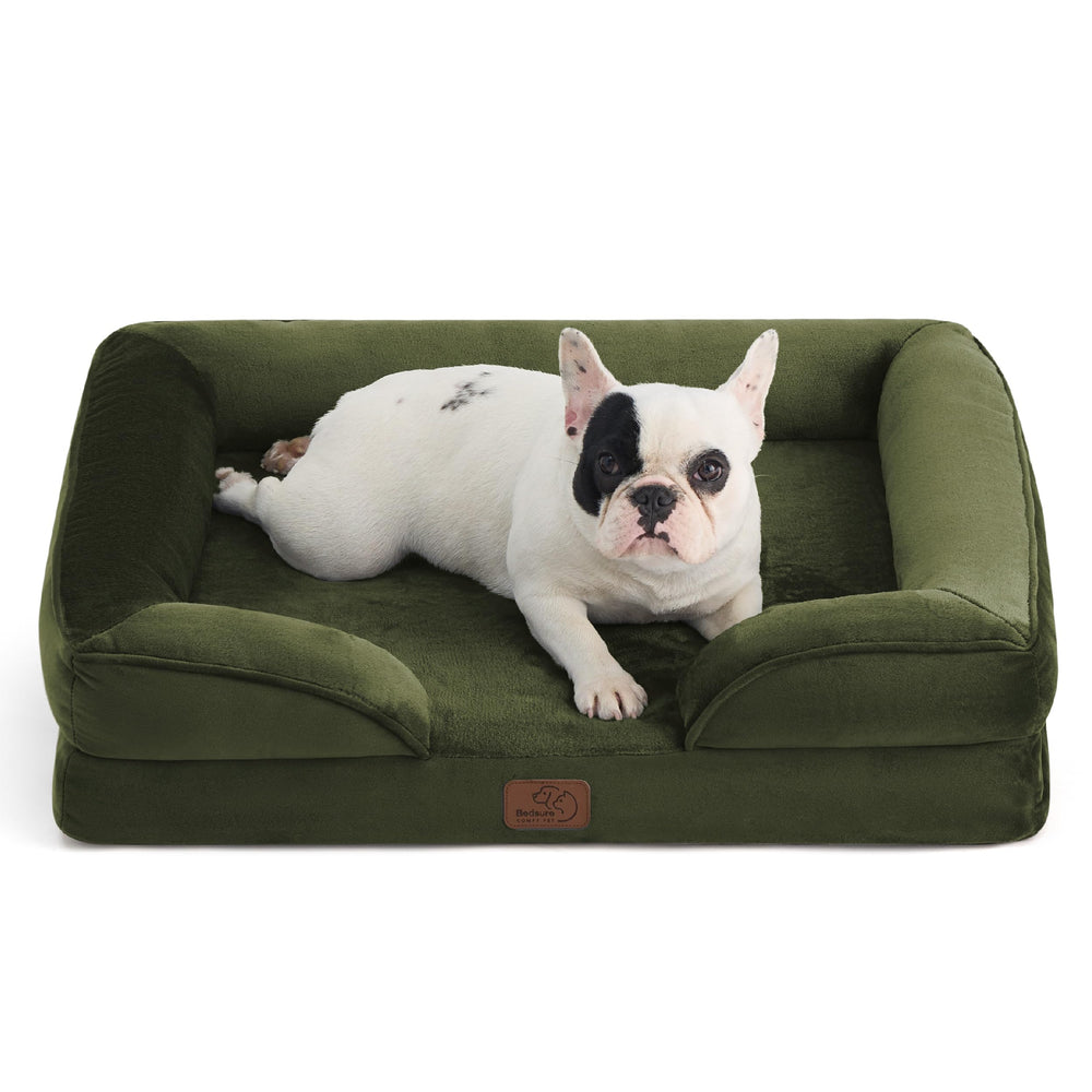 Bedsure orthopedic dog bed front view in moss green with plush joint support.
