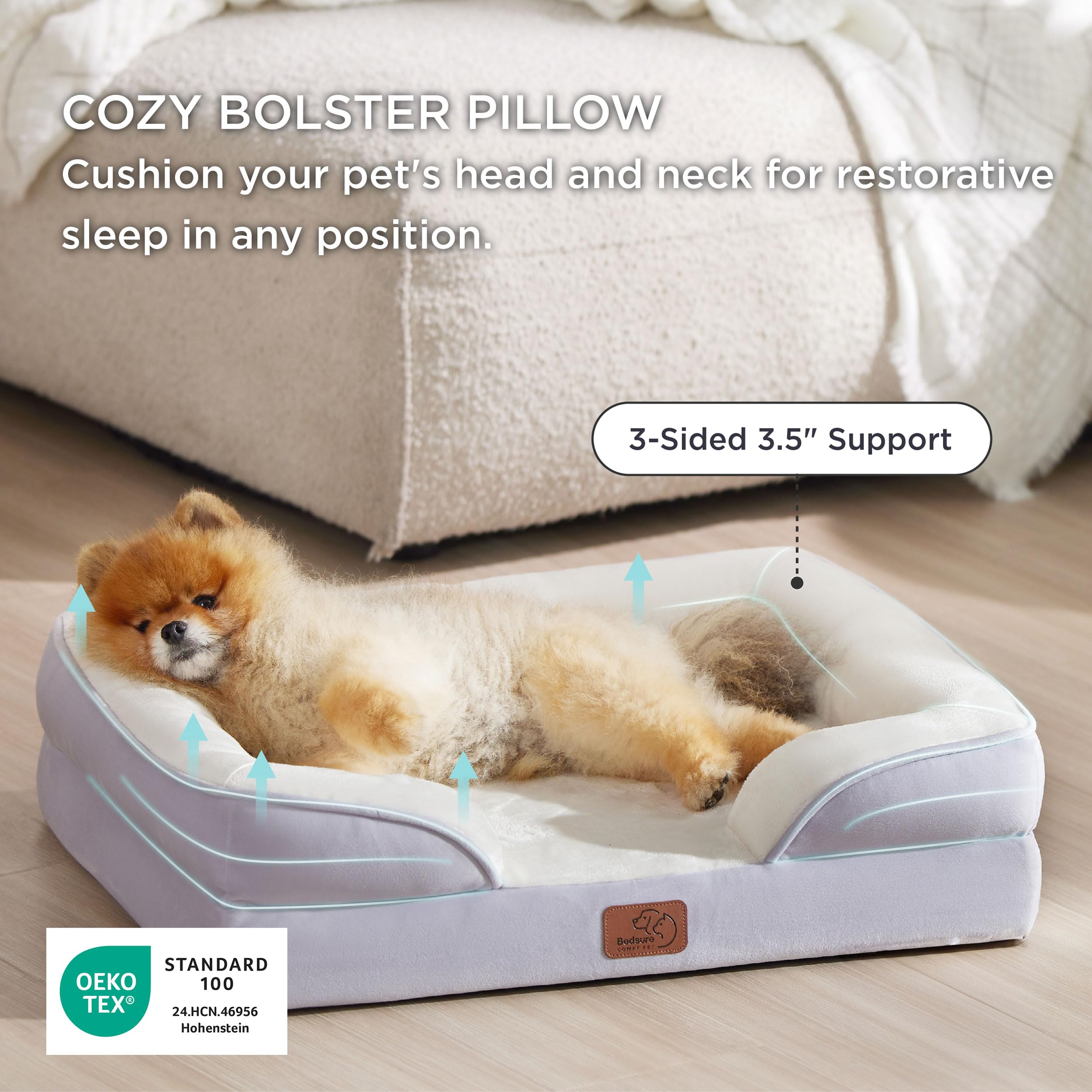 Bedsure orthopedic dog bed small lavender waterproof liner protecting foam from spills.