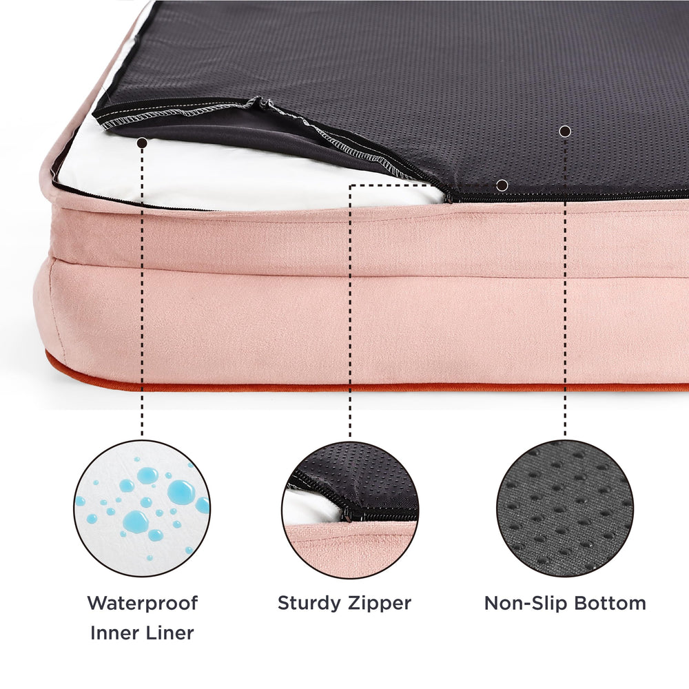 Bedsure orthopedic dog bed waterproof liner protects foam from spills and accidents.