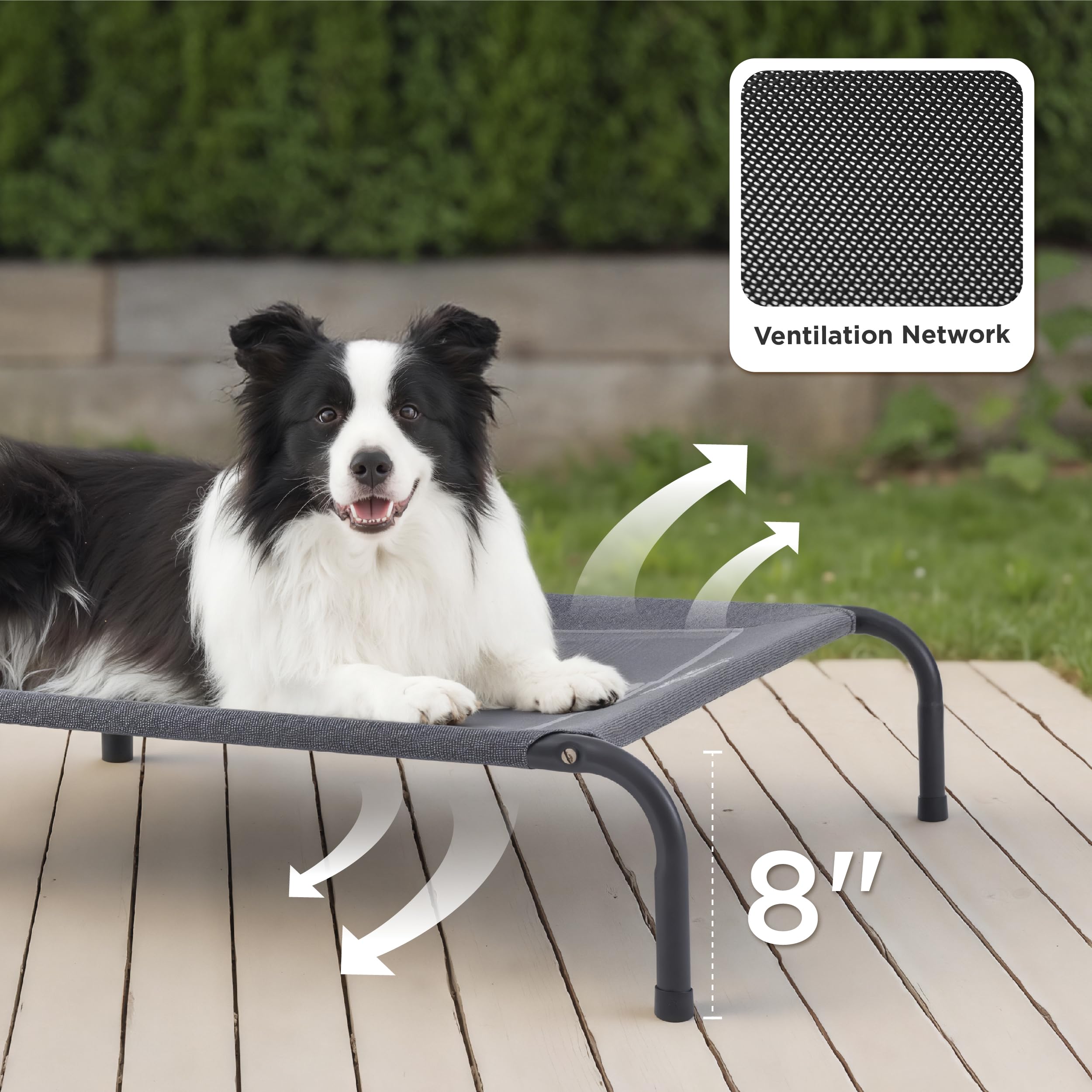 Bedsure outdoor elevated XL dog bed in backyard helps keep dogs comfortable during sunny play.