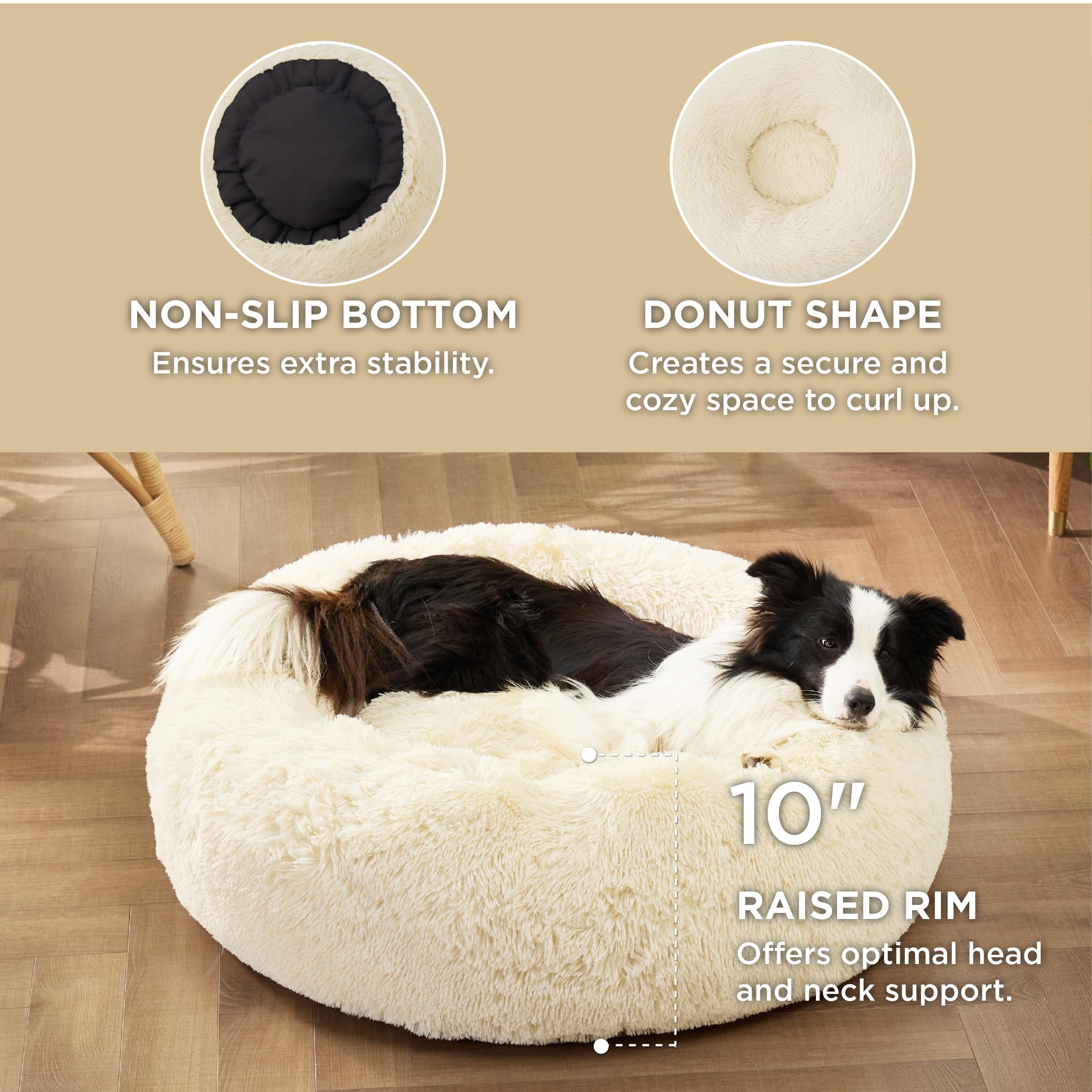 Bedsure plush faux fur donut bed helps anxious pets feel secure.
