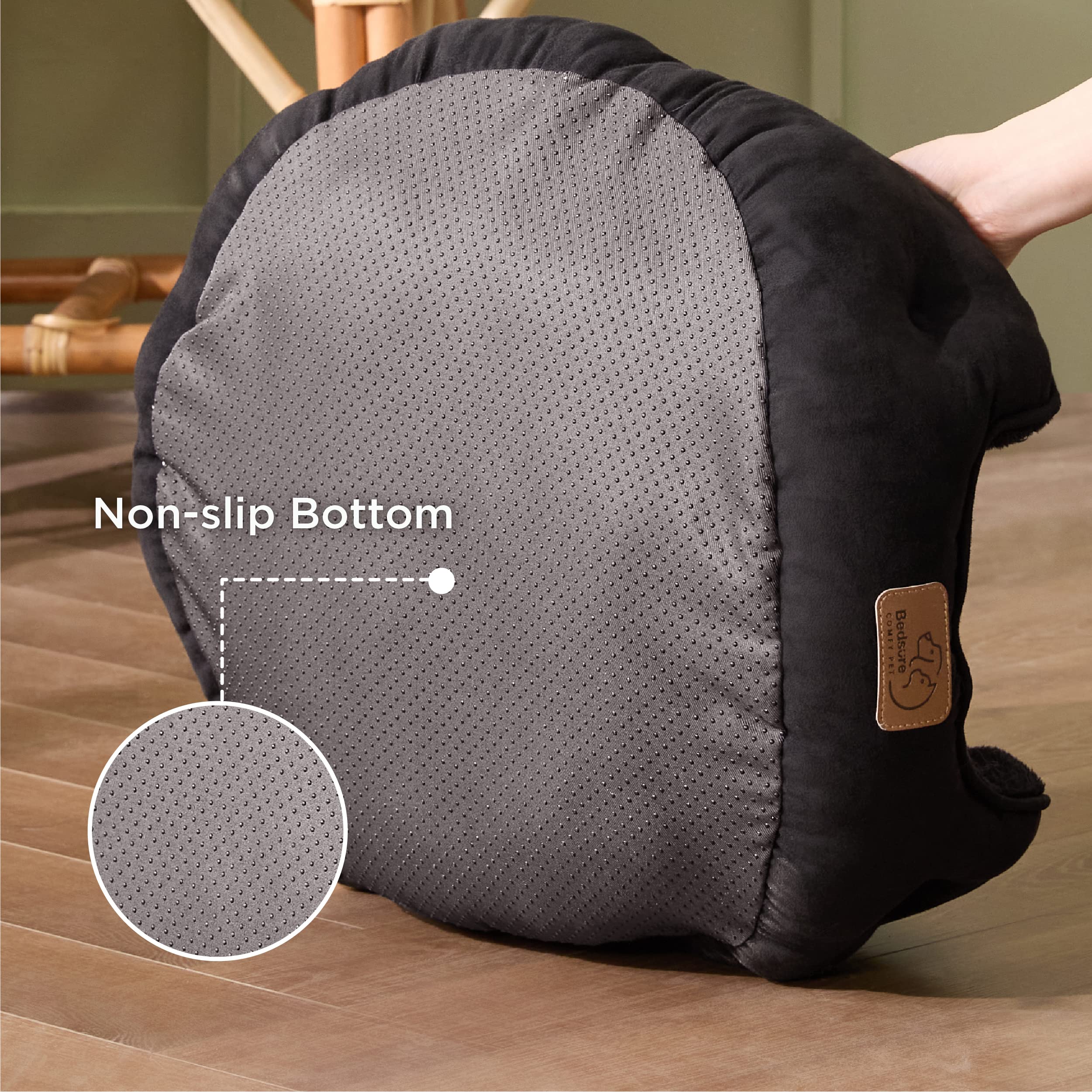 Bedsure round bolster pet bed showing supportive head and neck.