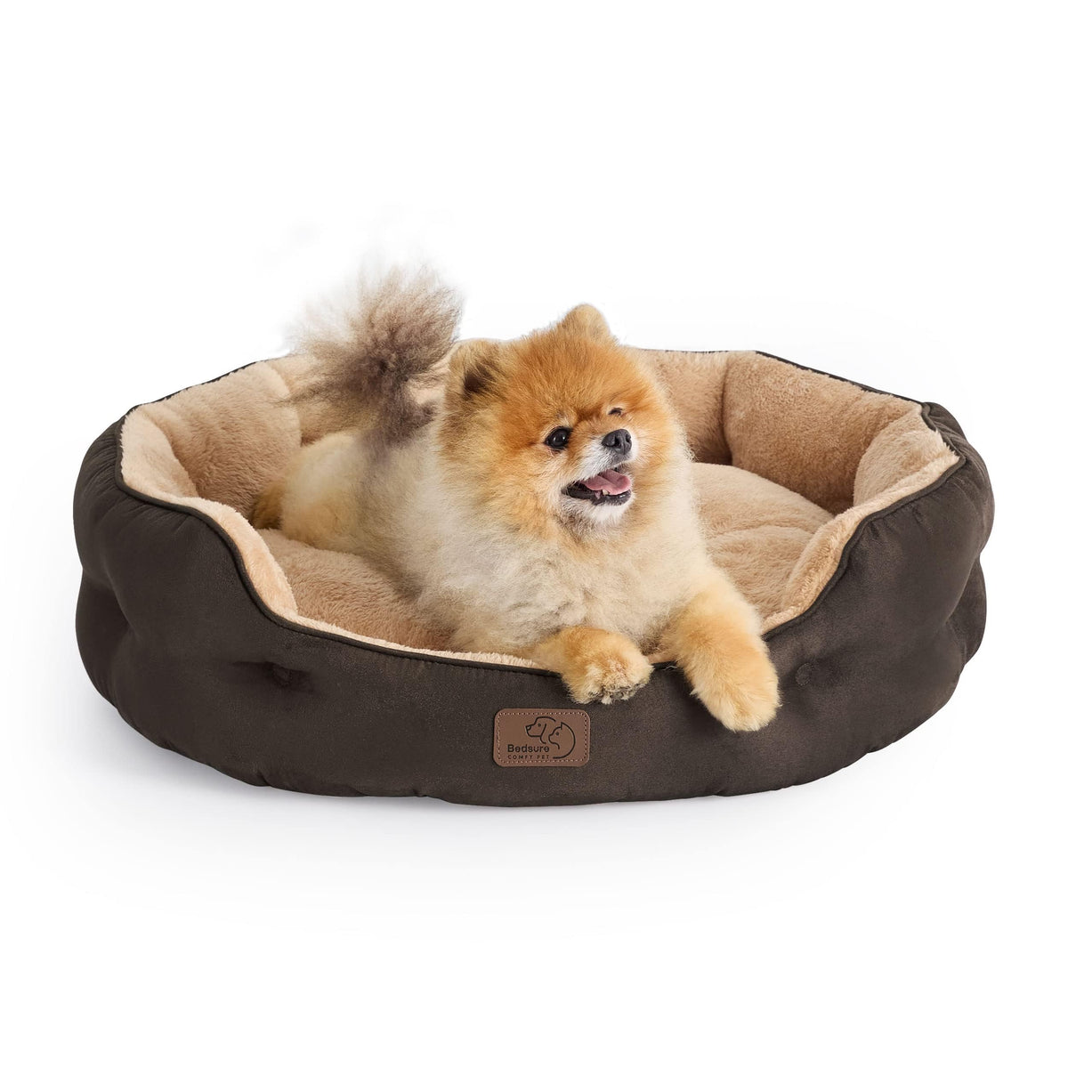 Bedsure round dog bed 25in brown with plush sherpa for cozy naps.
