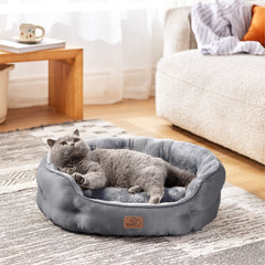 Bedsure round dog bed bolster-comfort with raised edge supports head and neck.