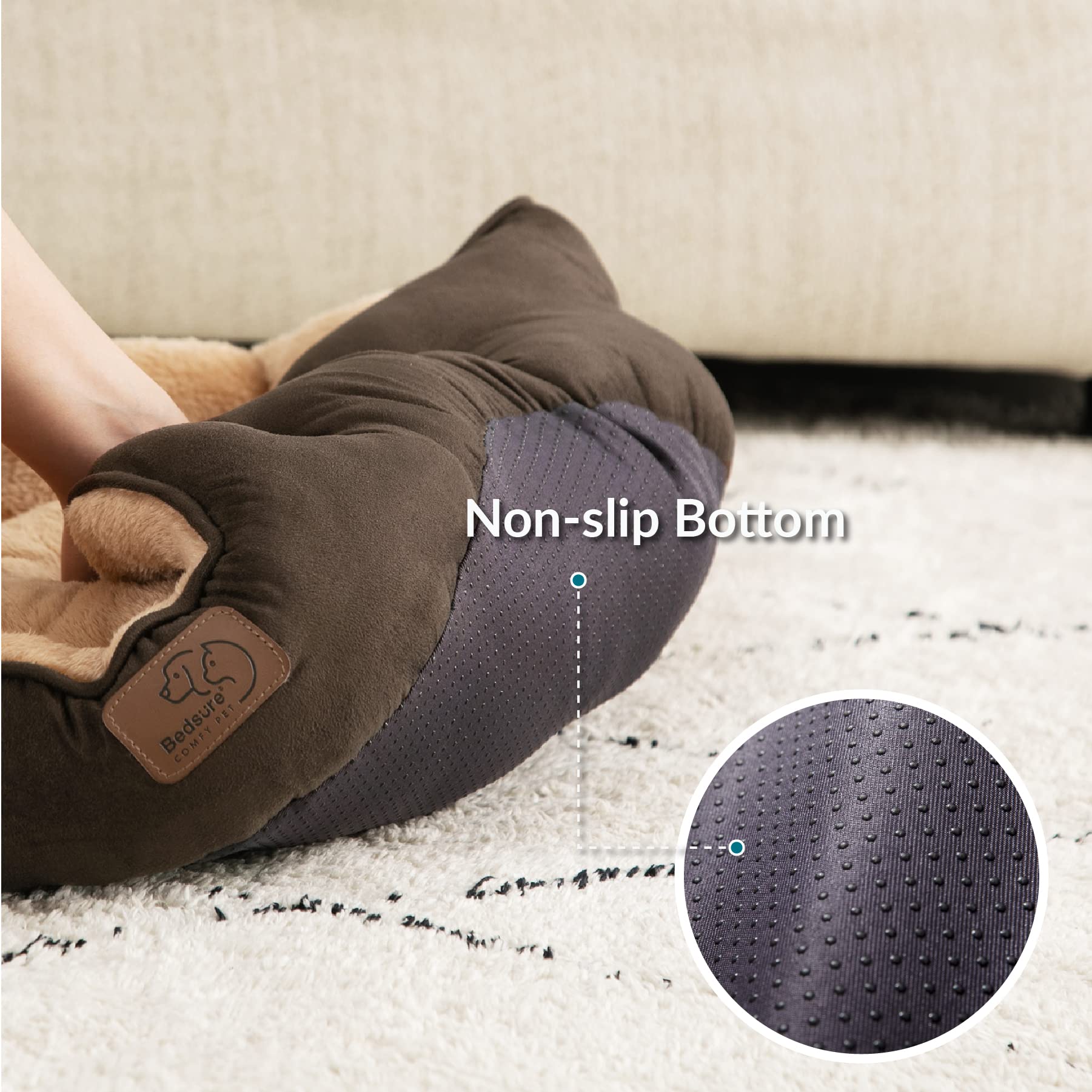 Bedsure round dog bed non skid bottom prevents slips during play.