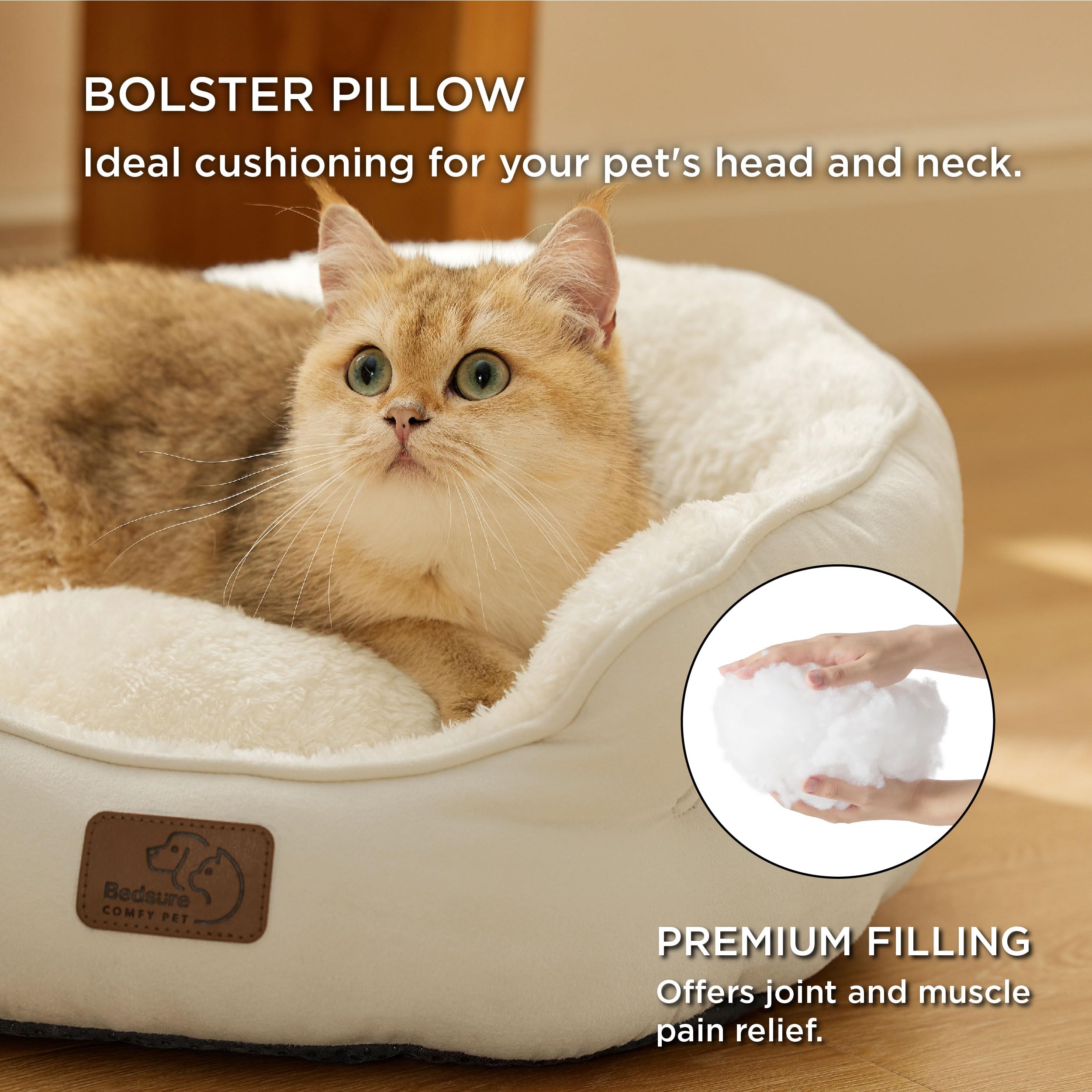 Bedsure round bed with slip resistant bottom stabilizes pets during lounging.