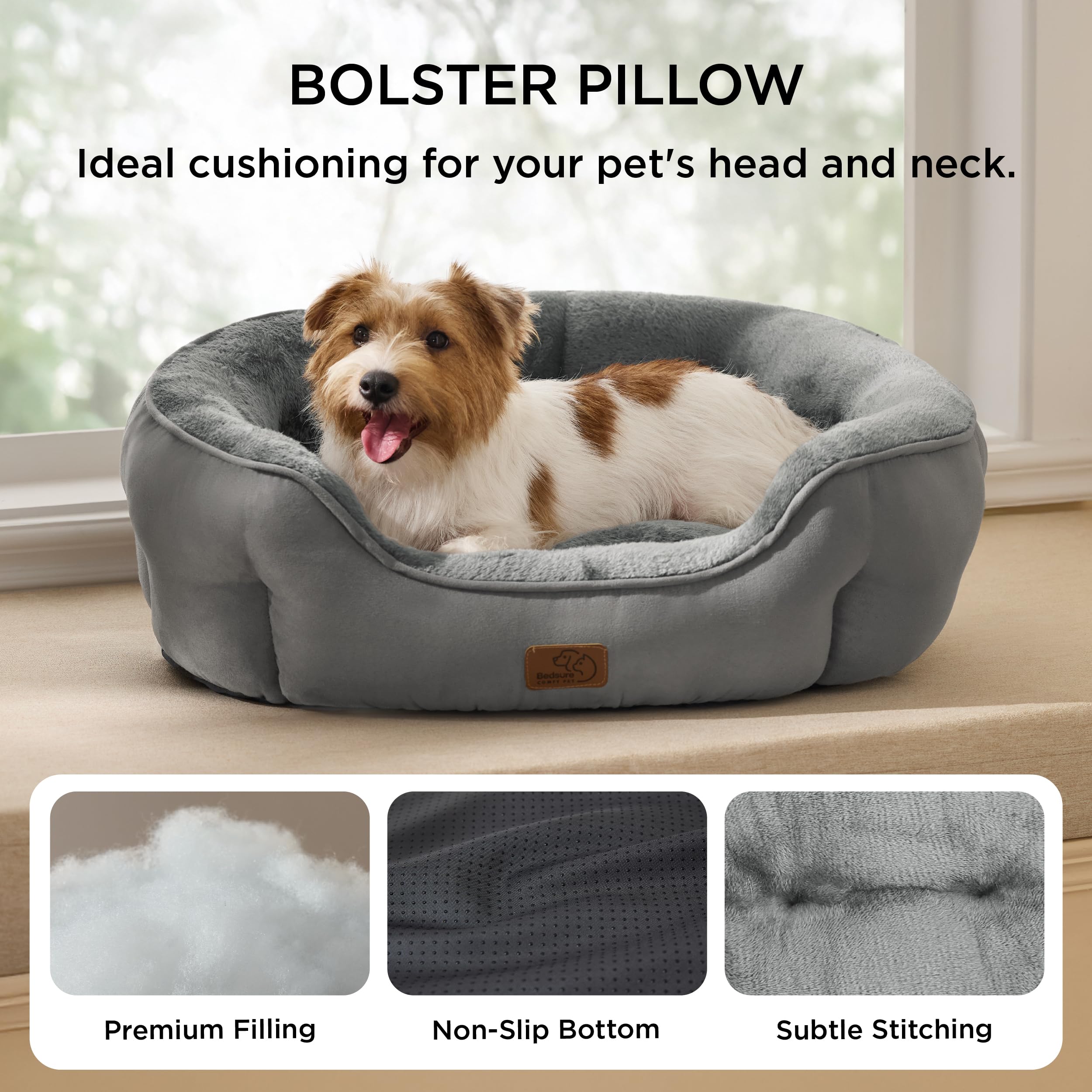 Bedsure round donut bed grey bolster closeup highlights secure head supports.