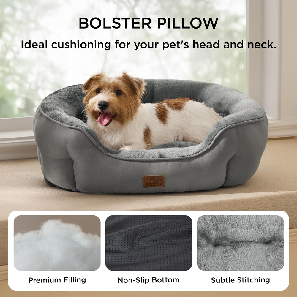 Bedsure round donut bed grey bolster closeup highlights secure head supports.