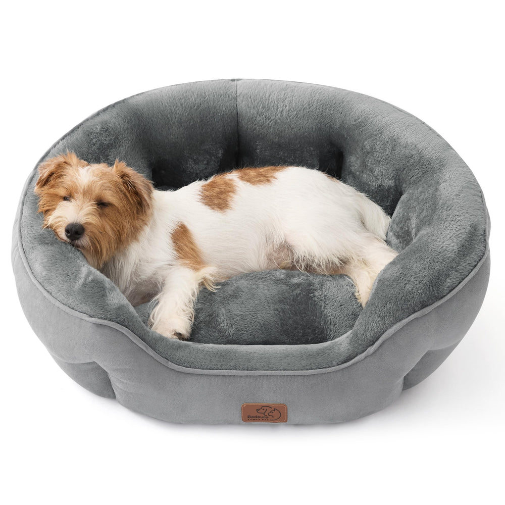 Bedsure round donut bed grey plush-sherpa creates cozy lounging for medium dogs.