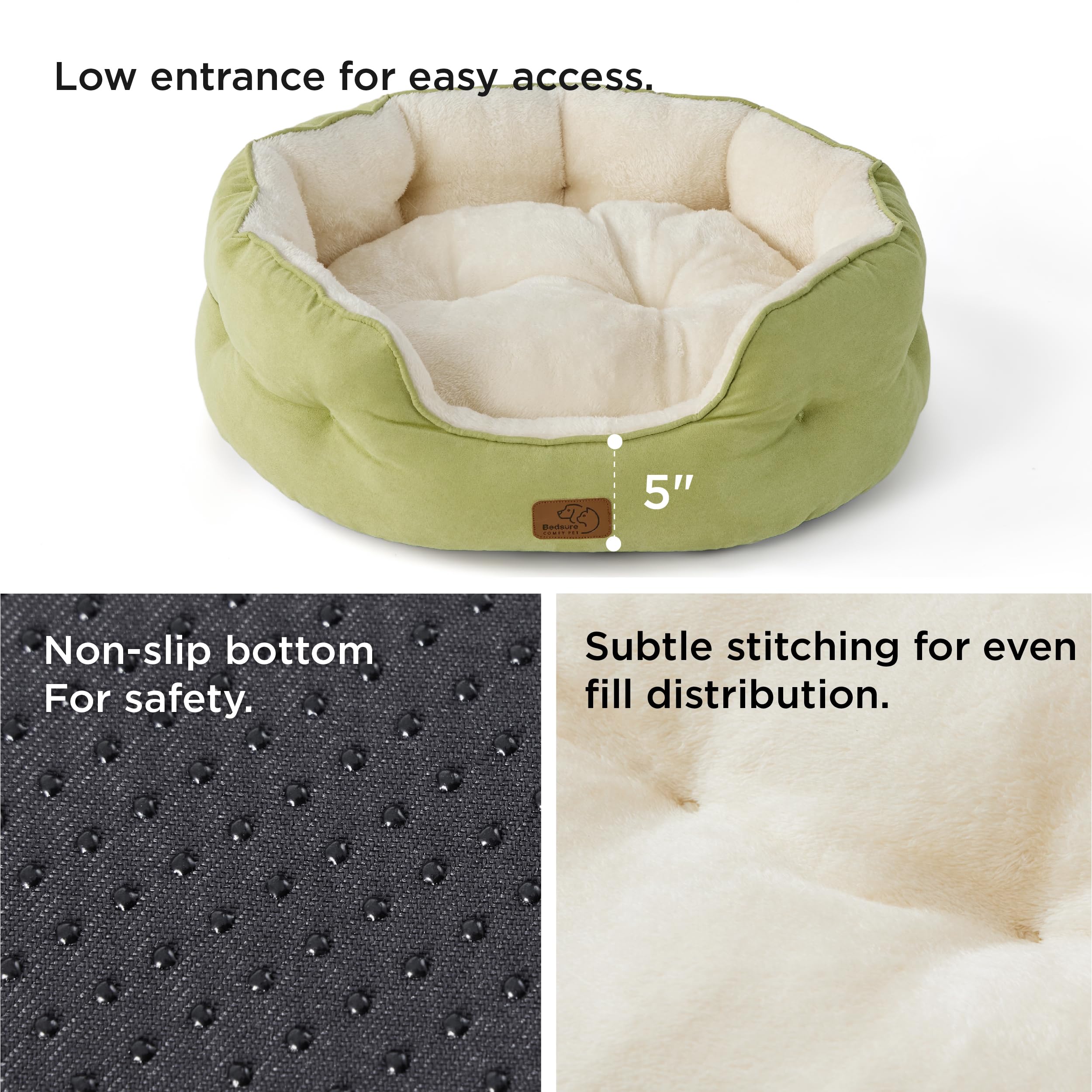 Bedsure round bed green bottom slip-resistant keeps bed stable during pet naps.