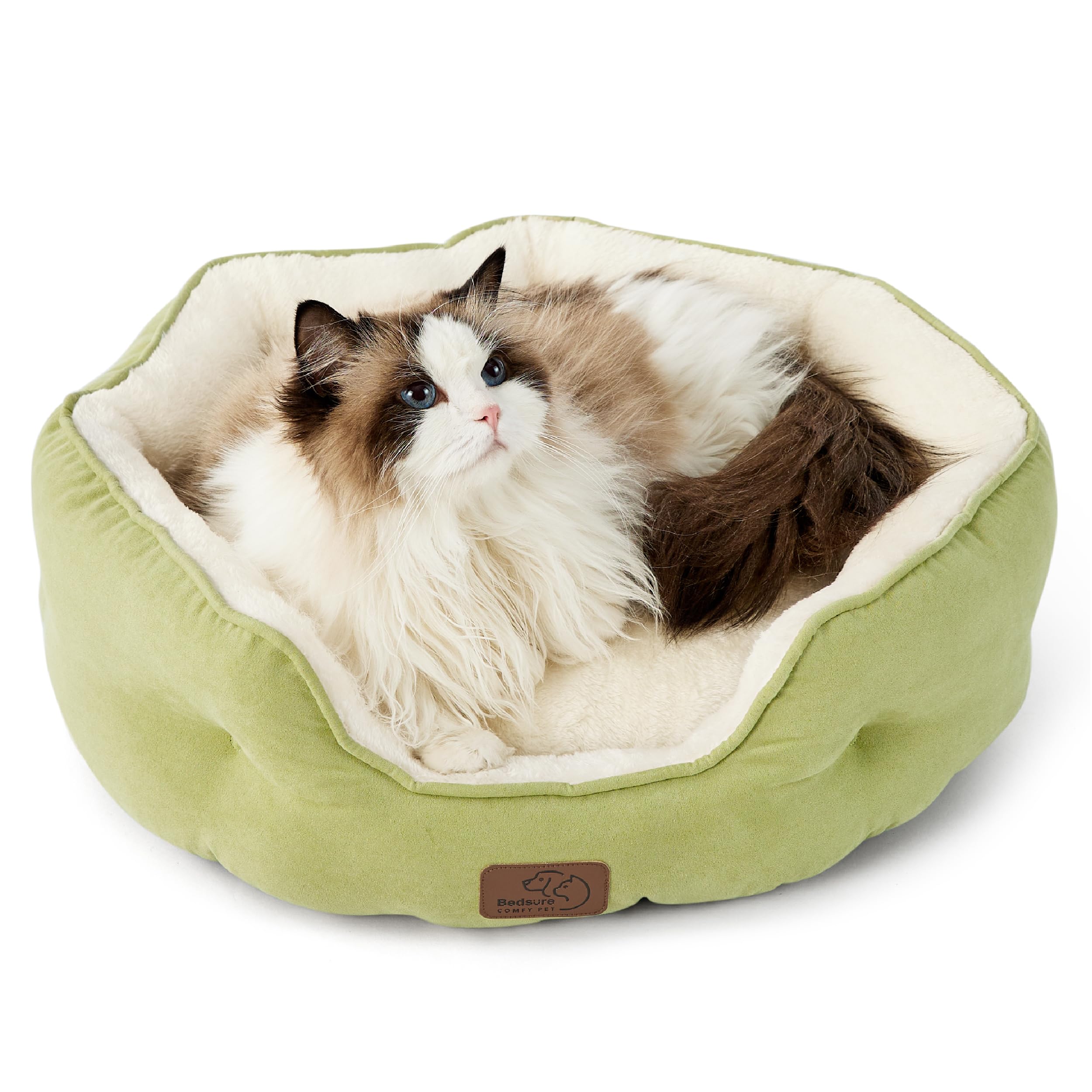 Bedsure round pet bed green closeup soft-plush provides cozy comfort for small pets.