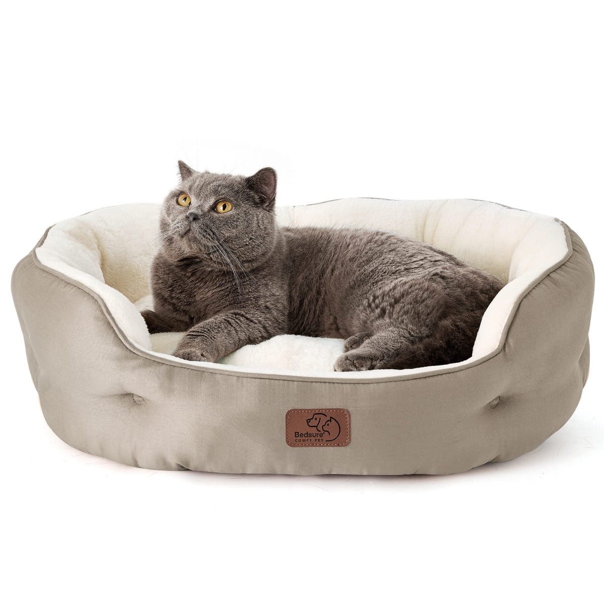 Bedsure round-pet-bed-sherpa-taupe provides plush warmth for small dogs and kittens