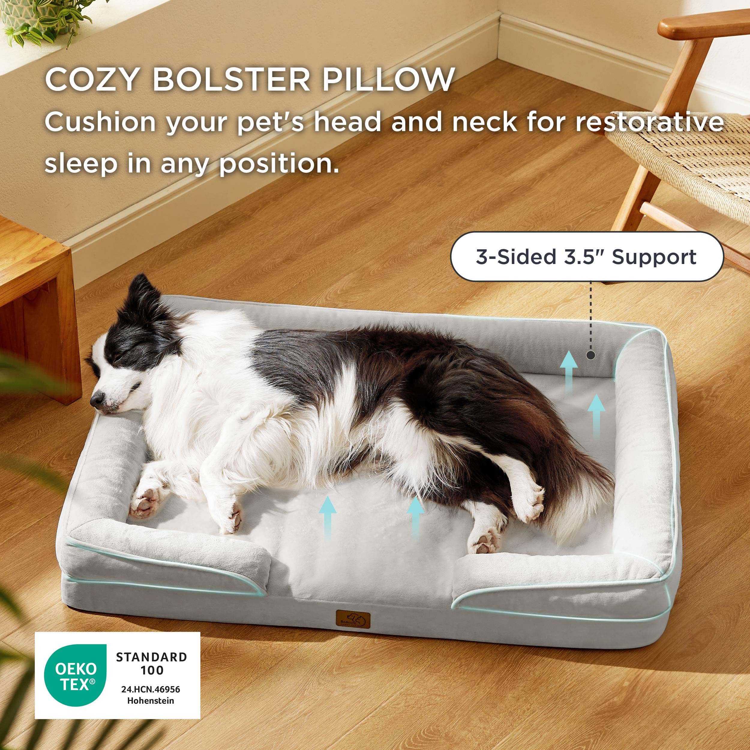 Bedsure soft flannel fabric dog bed conveys cozy comfort for naps and lounging.