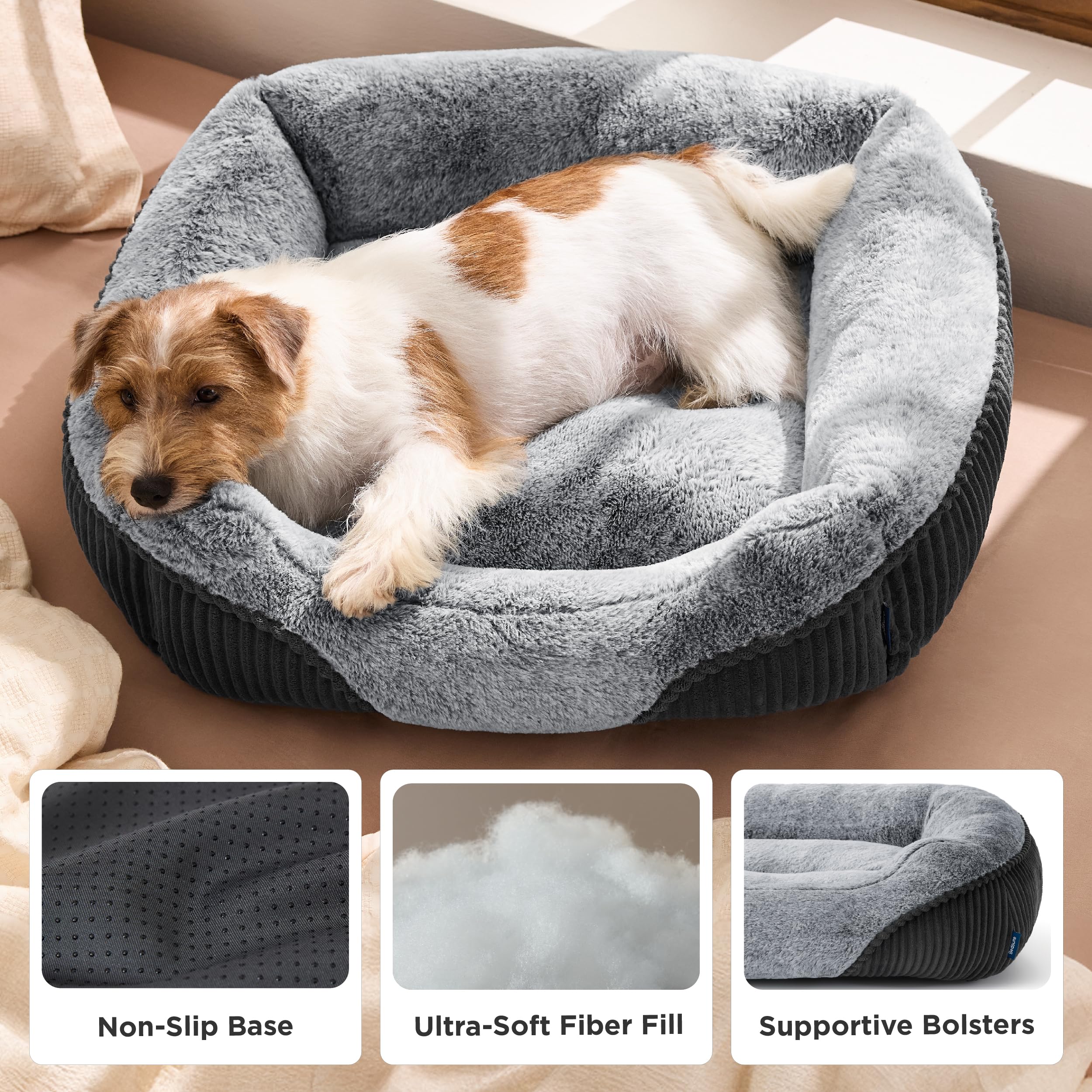 Bedsure dog bed with pet on it demonstrates comfort for small dogs