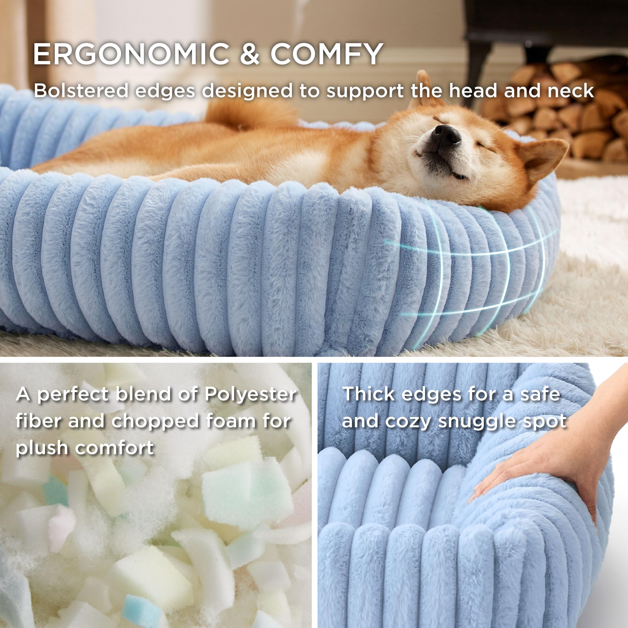Bedsure washable dog bed blue side view highlights raised edges for comfort.