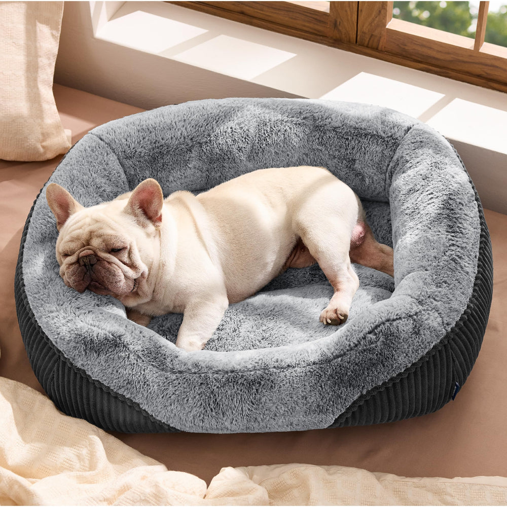 Bedsure washable dog bed rectangle grey closeup highlights plush comfort for naps