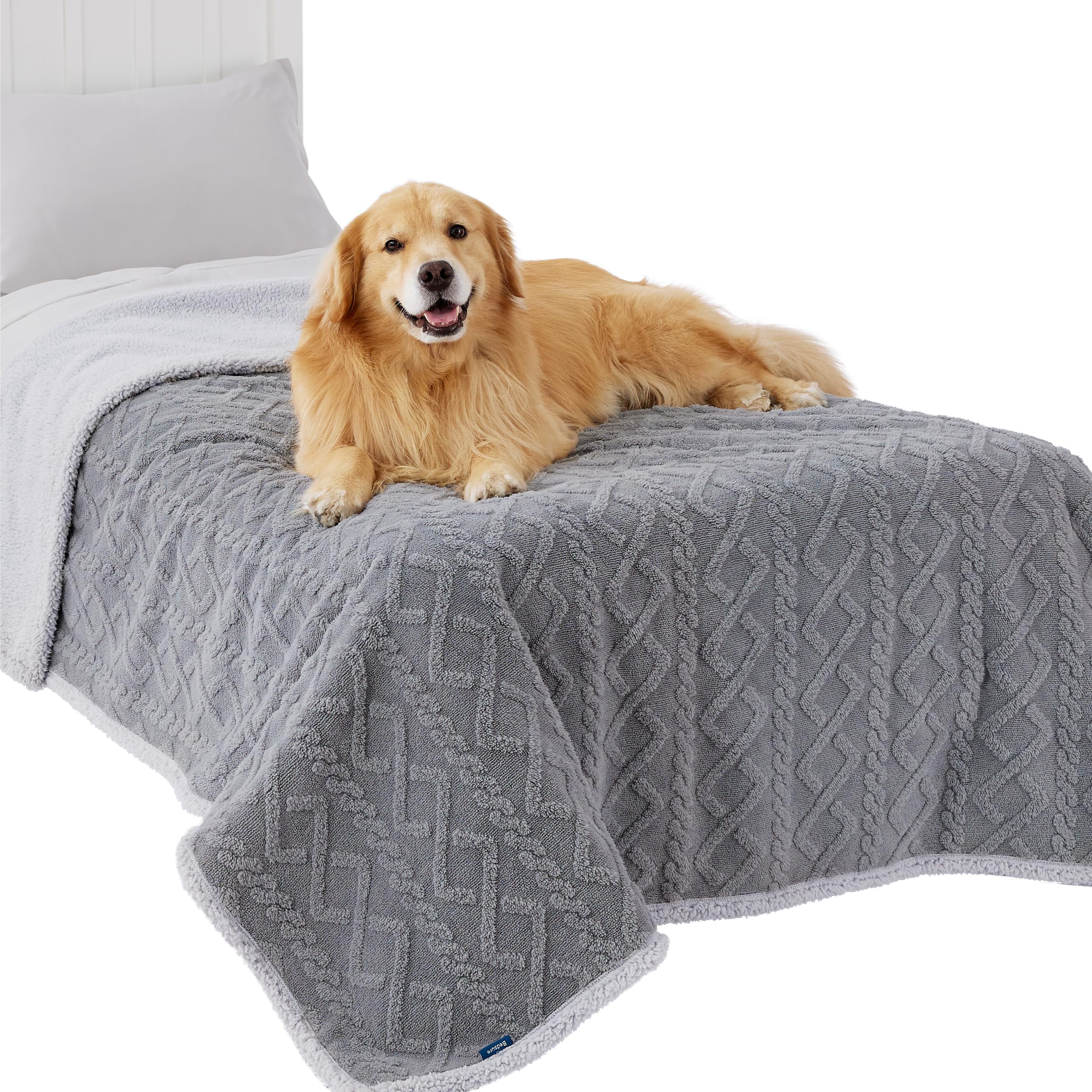 Bedsure waterproof dog blanket in grey protects couches from spills and fur.