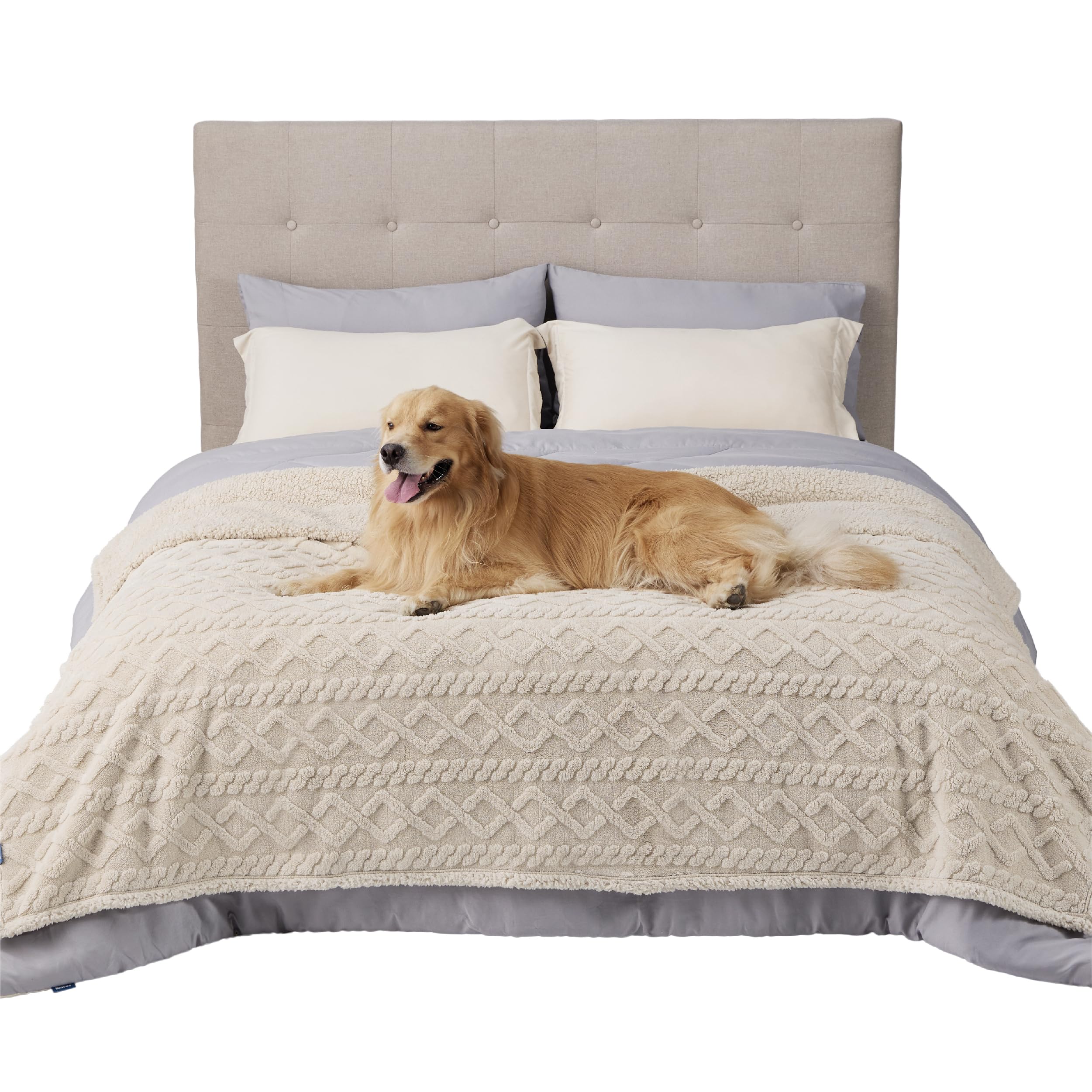 Bedsure waterproof dog blanket on bed protects furniture during pet naps.