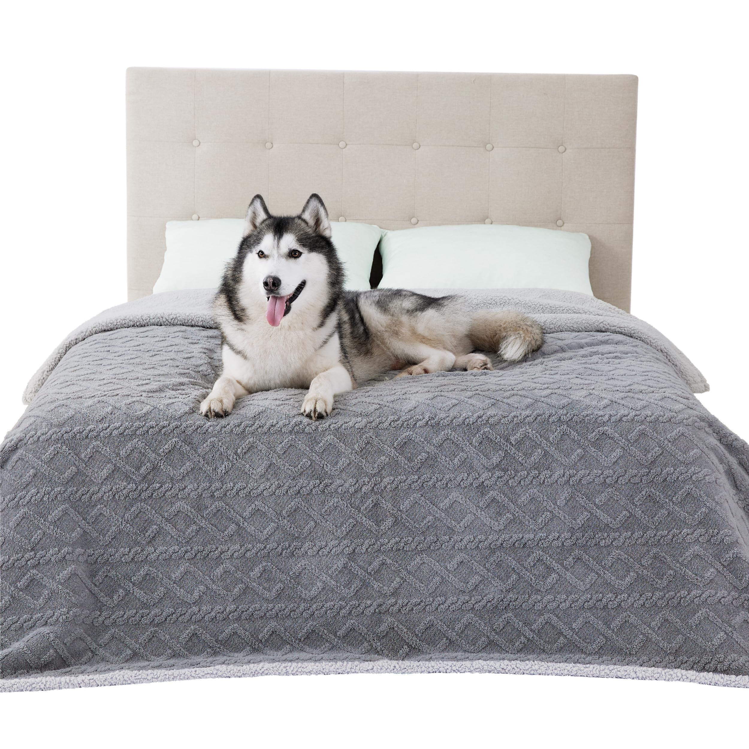 Bedsure waterproof dog blanket on bed protects furniture from spills and pet hair.
