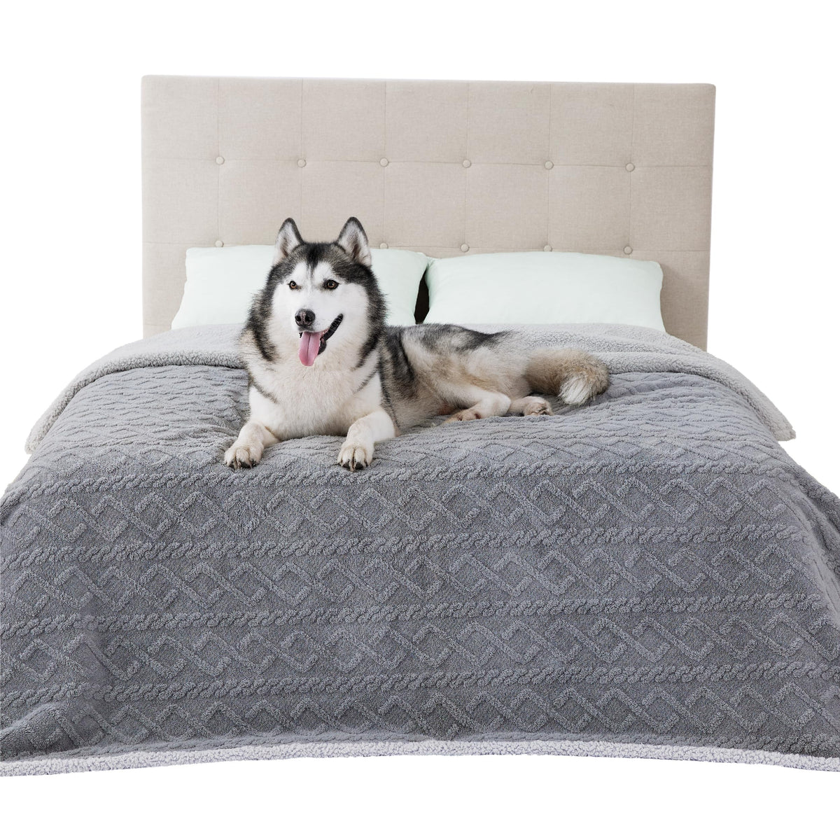 Bedsure waterproof dog blanket on bed protects furniture from spills and pet hair.