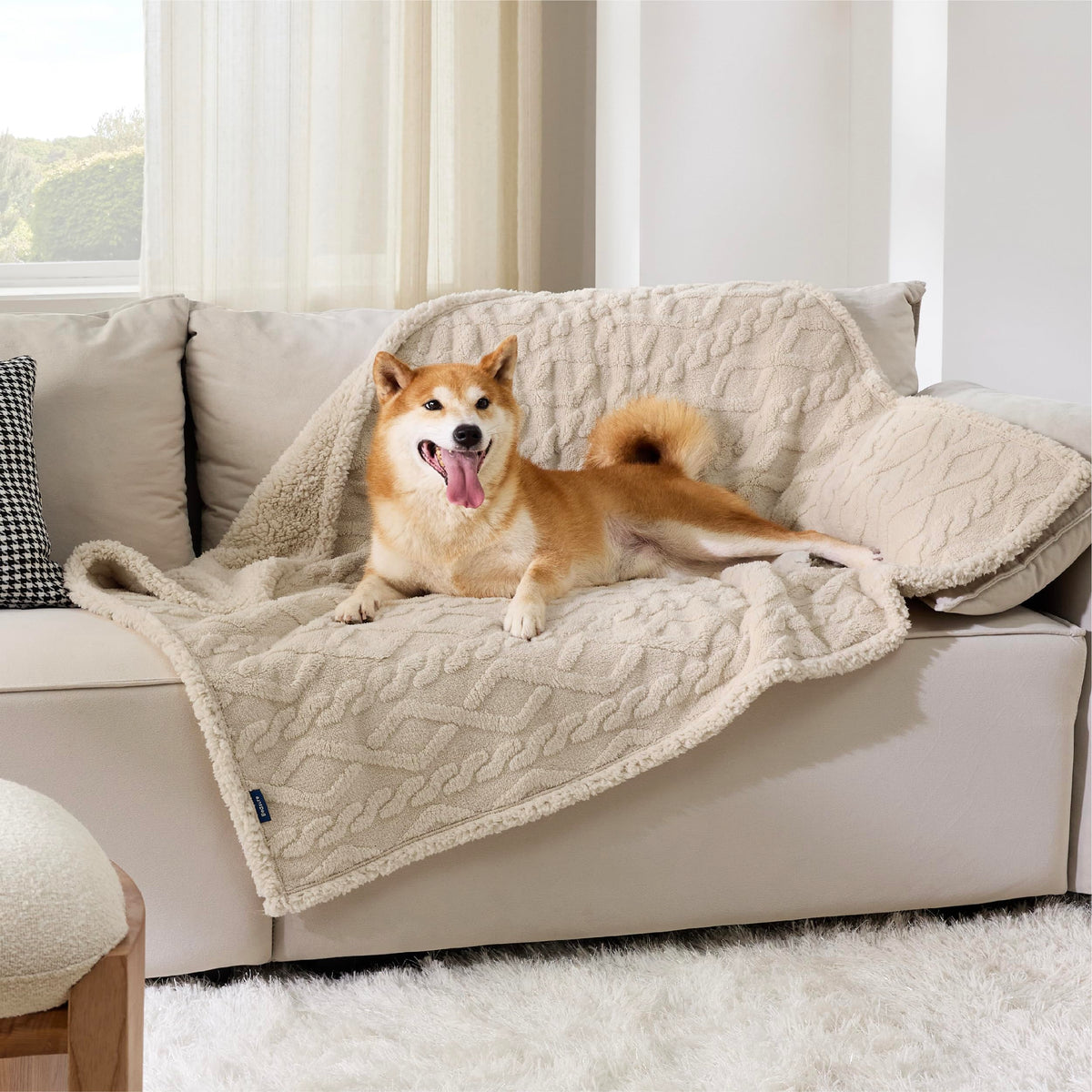Bedsure waterproof dog blanket on couch protector guards furniture against spills.