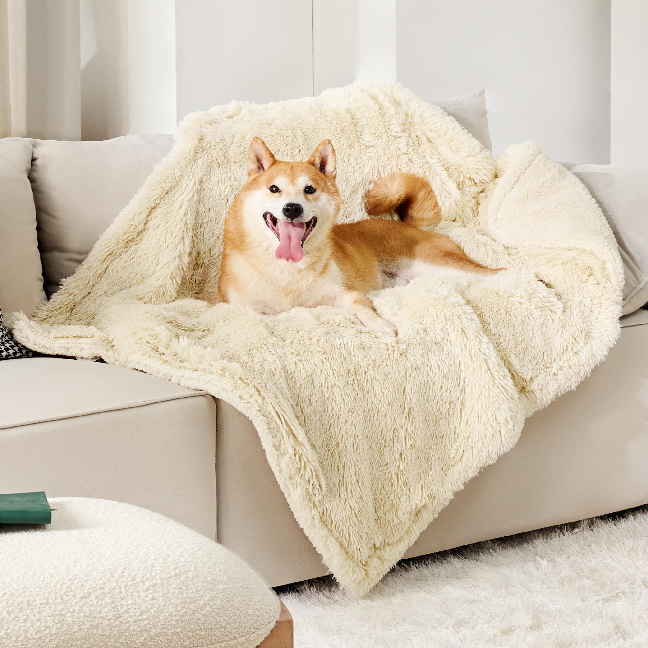 Bedsure waterproof dog blanket cream folded for display showing plush warmth and protection