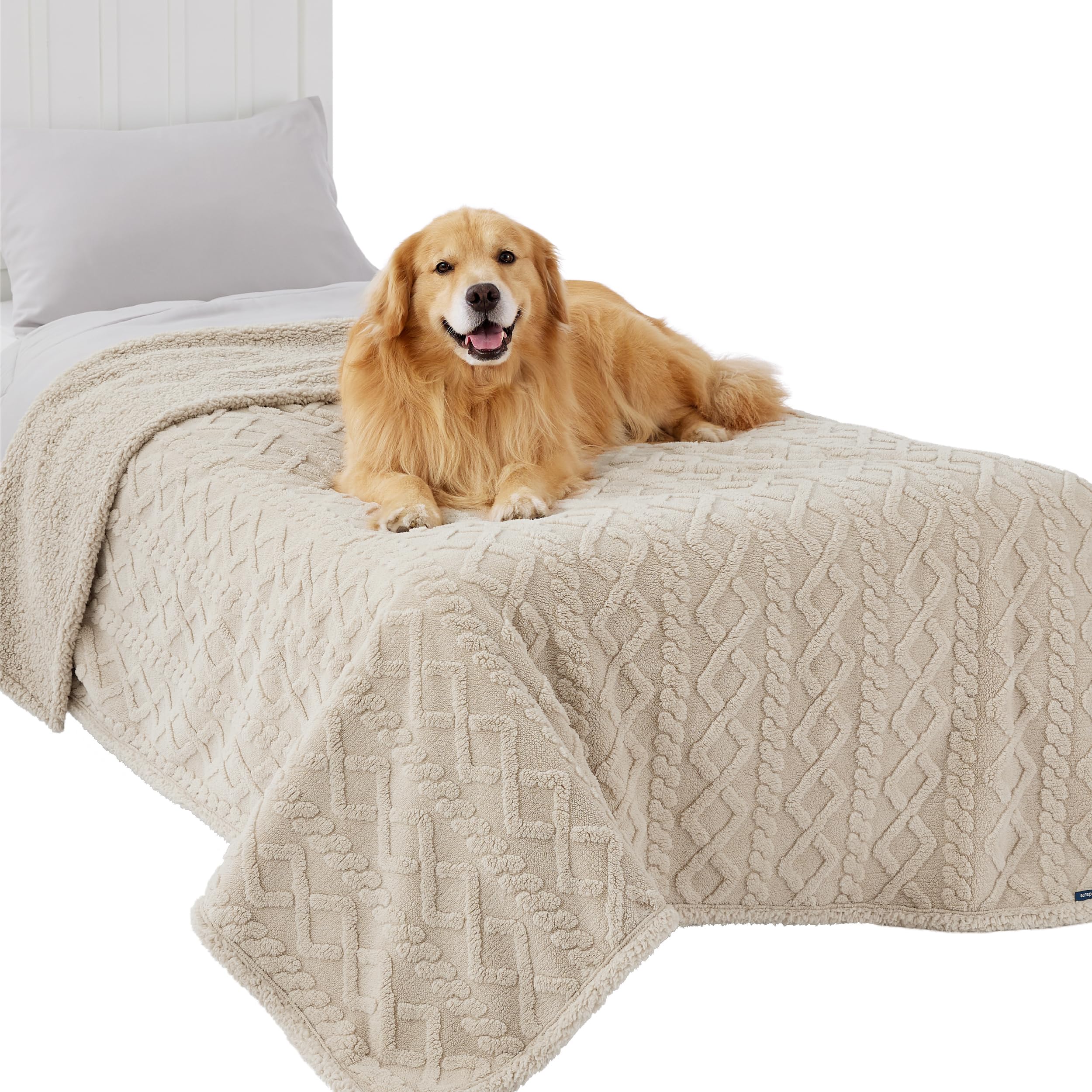 Bedsure waterproof dog blanket in cream on sofa protects furniture from spills and fur