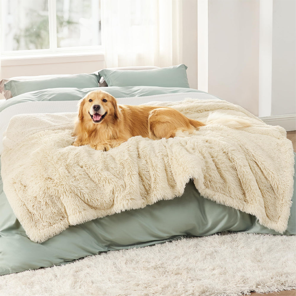 Bedsure waterproof dog blanket cream protecting a sofa from pet messes