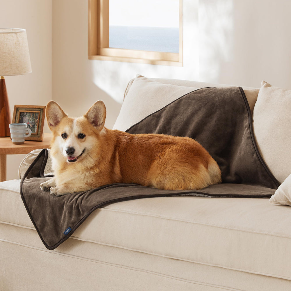 Bedsure waterproof dog blanket folded close-up shows Sherpa and flannel layers for warmth and comfort.
