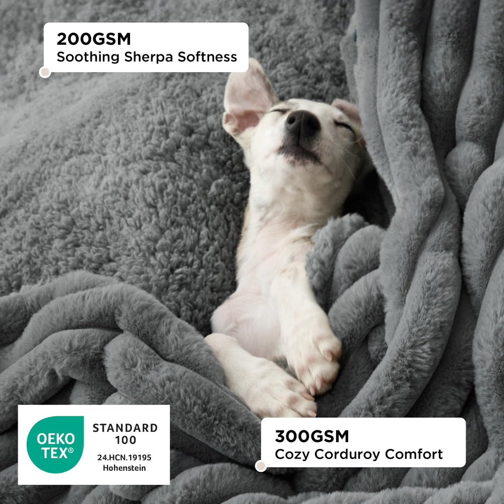 Bedsure waterproof dog blanket reversible textures shows corduroy and sherpa sides for versatile lounging
