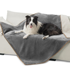 Bedsure waterproof dog blanket with sherpa side keeps large dogs warm and cozy.