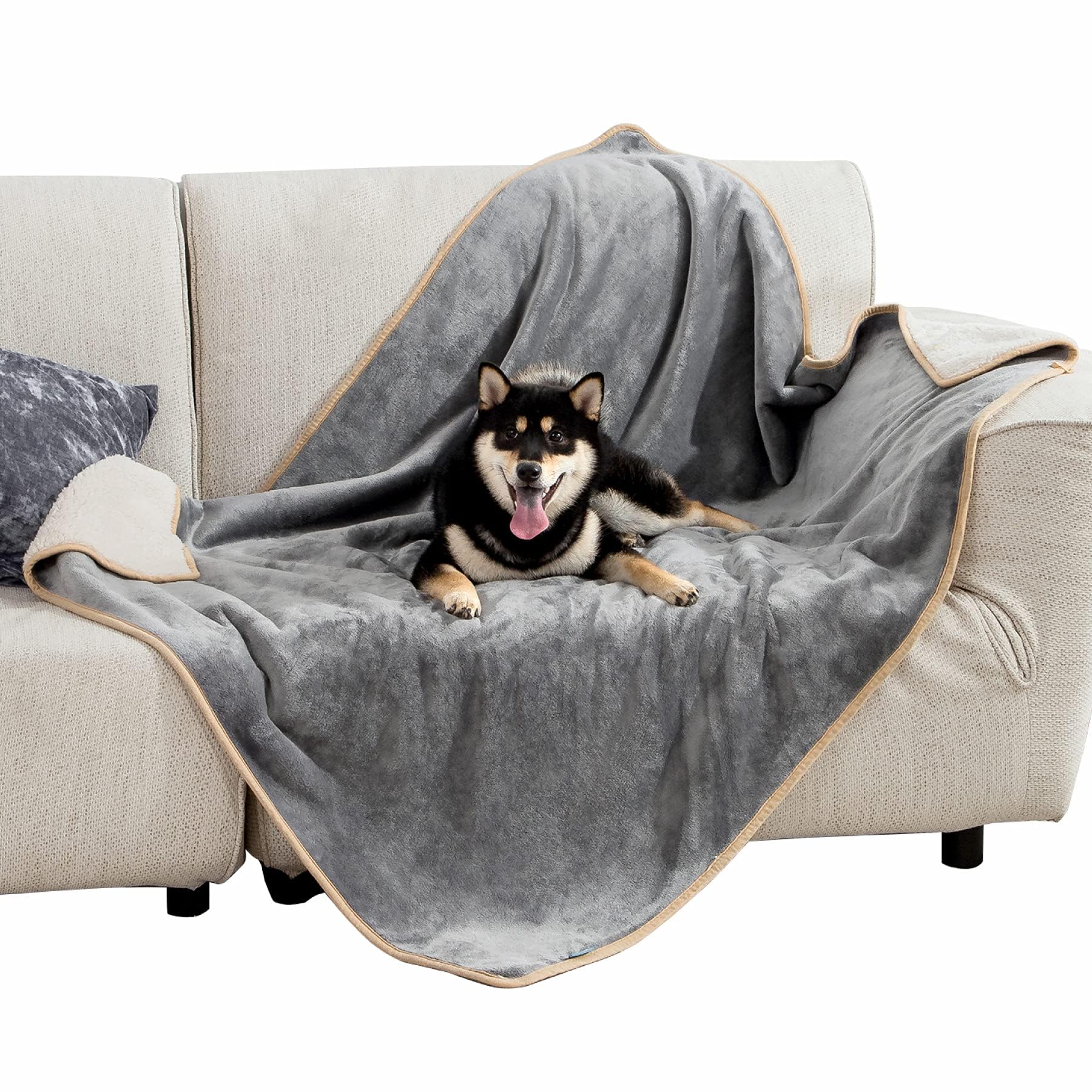 Bedsure waterproof dog blanket on sofa showing couch protection and spill resistance
