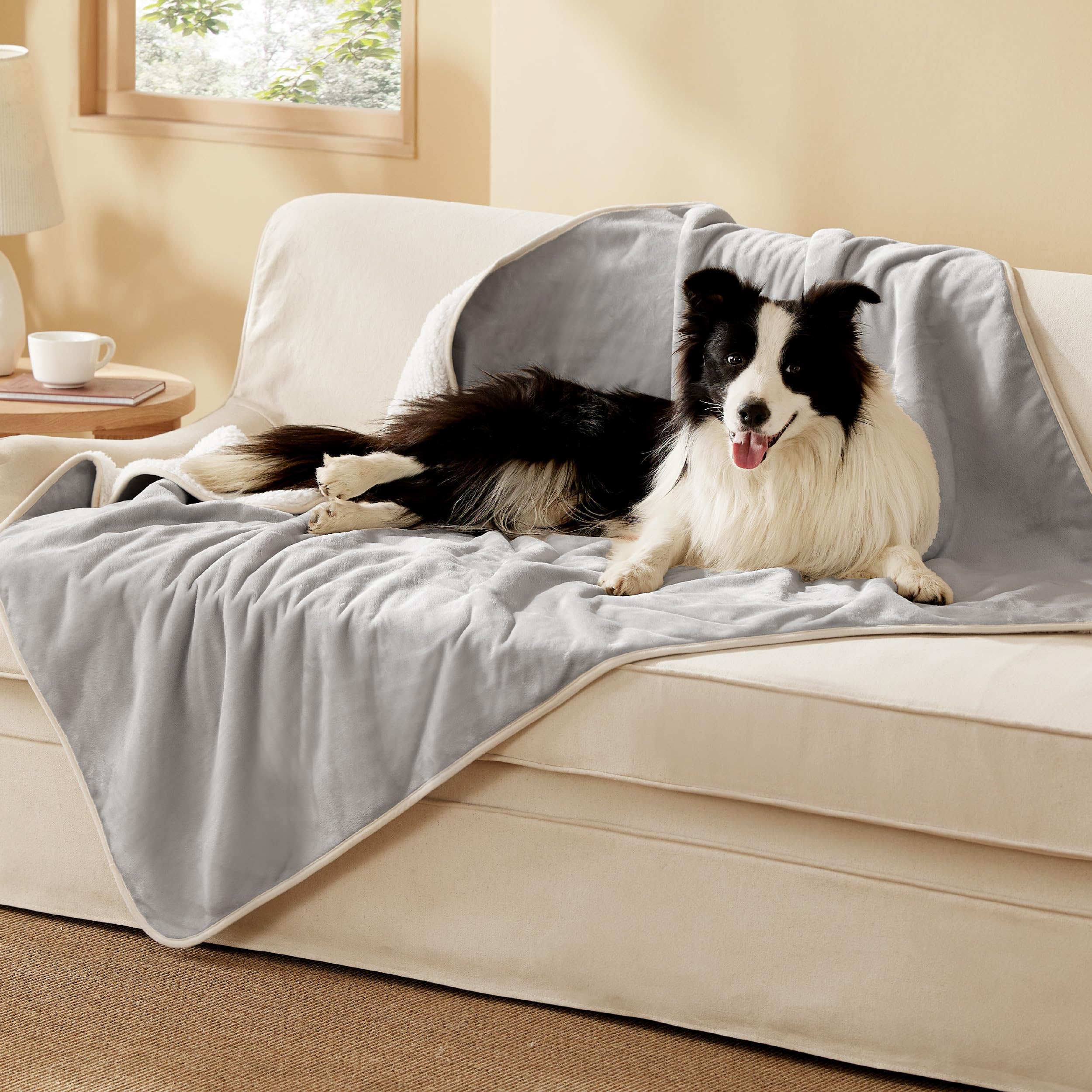 Bedsure waterproof dog blanket on sofa protects against spills and pet hair