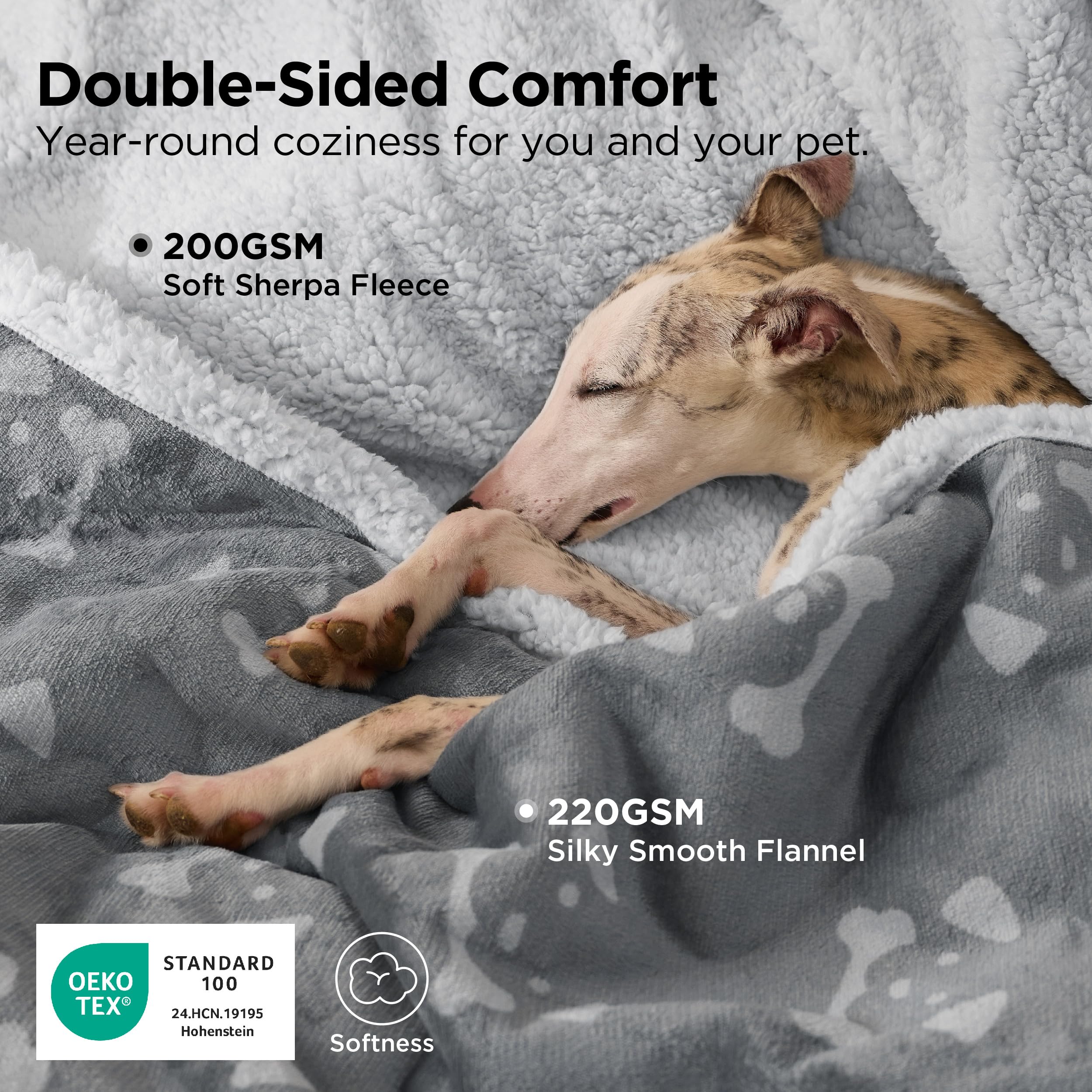 Bedsure waterproof dog blanket shows waterproof lining, protecting furniture from spills.