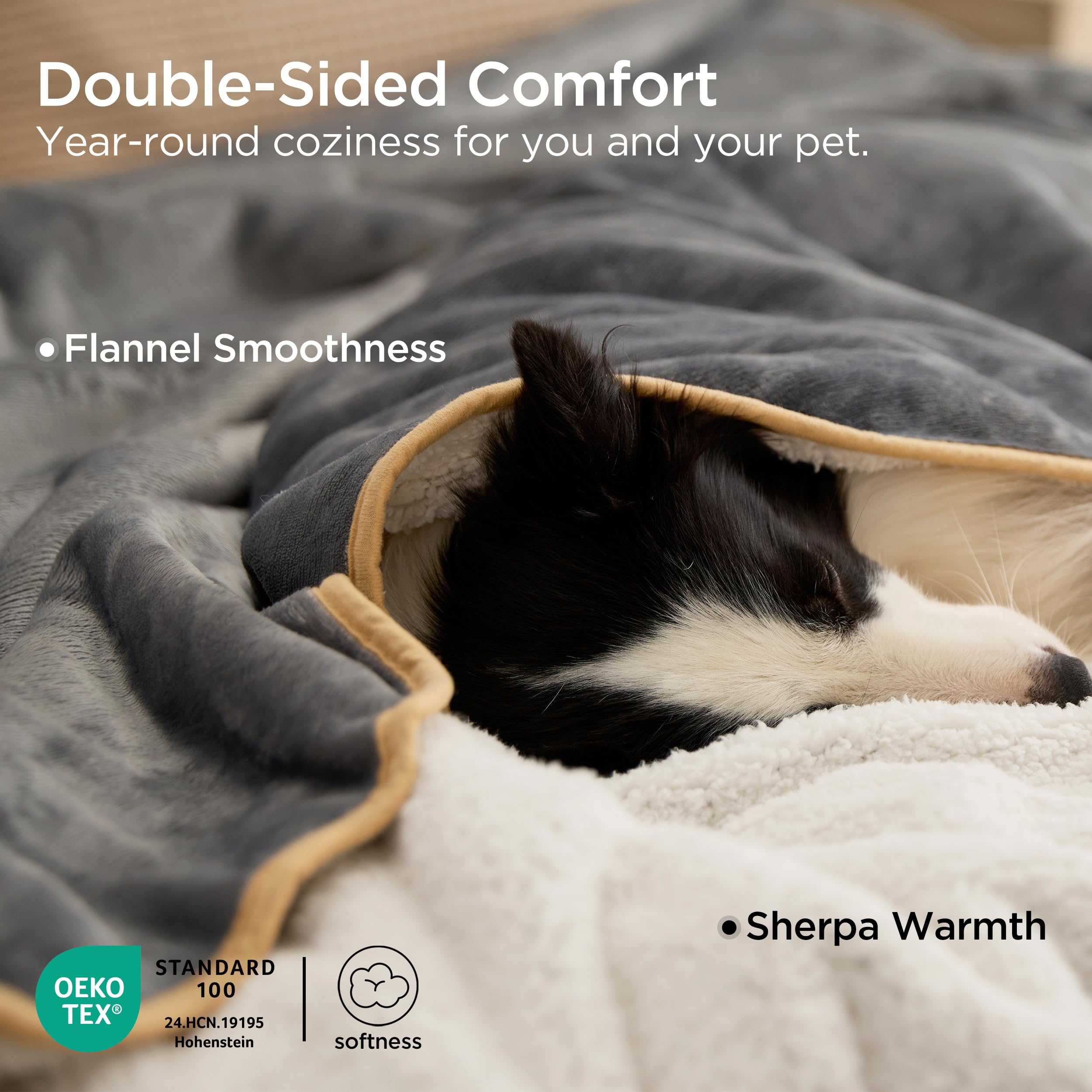 Bedsure waterproof inner lining blanket protects furniture from accidents while pets relax.