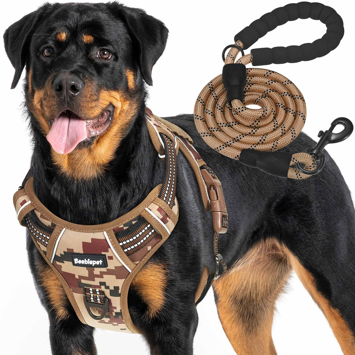 Beebiepet heavy-duty tactical dog harness desert camo front view demonstrates durable construction for large dogs